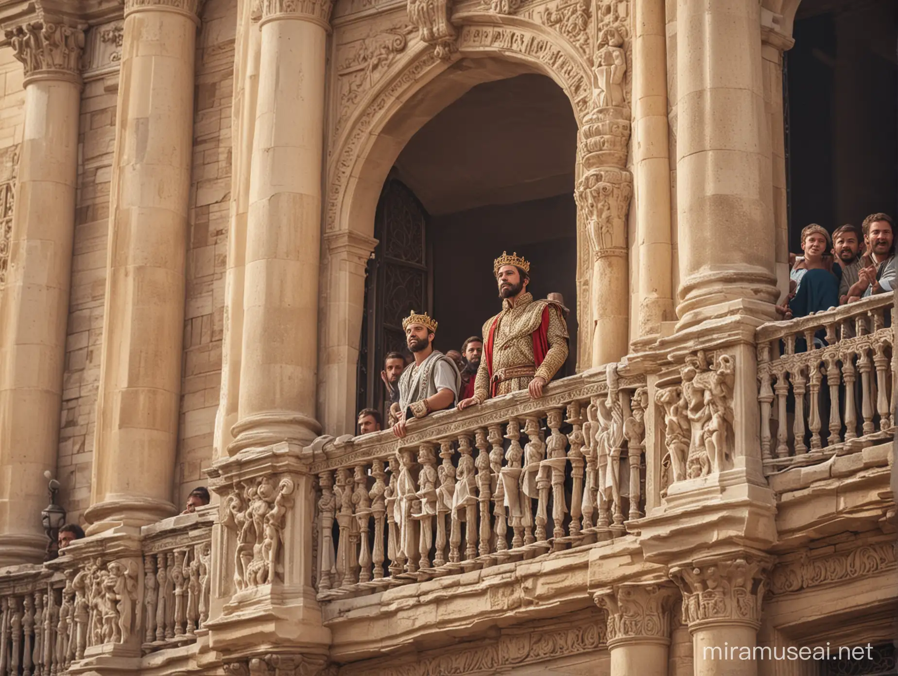 Young king with beard standing out of the balcony of his palace and looking down at the huge crowd gathered.