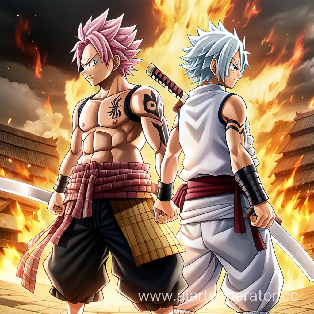 Fiery-Battle-Natsu-Dragneel-and-WhiteHaired-Warrior-Wielding-Katanas