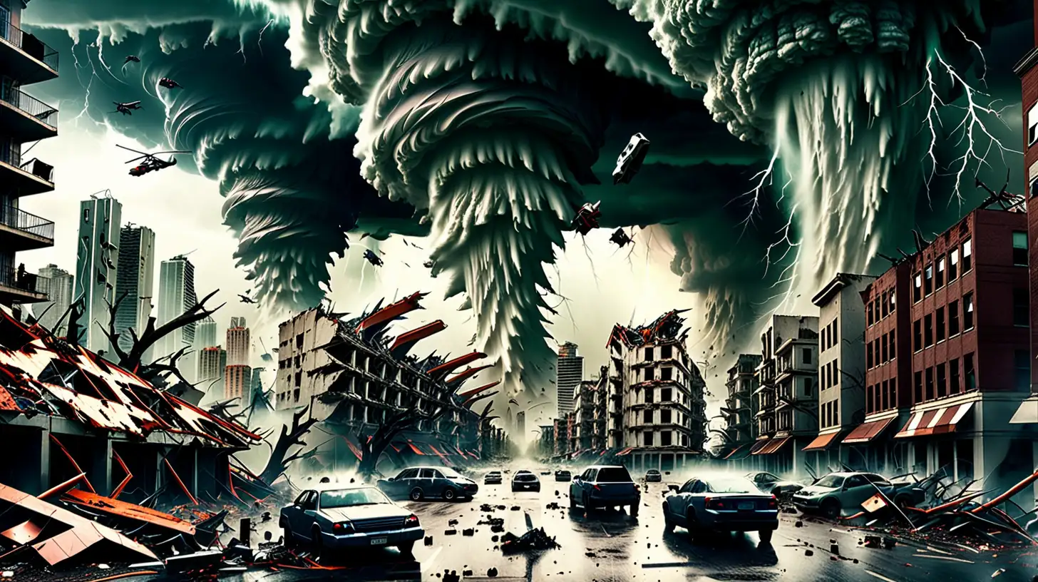 futuristic city being destroyed by tornados
