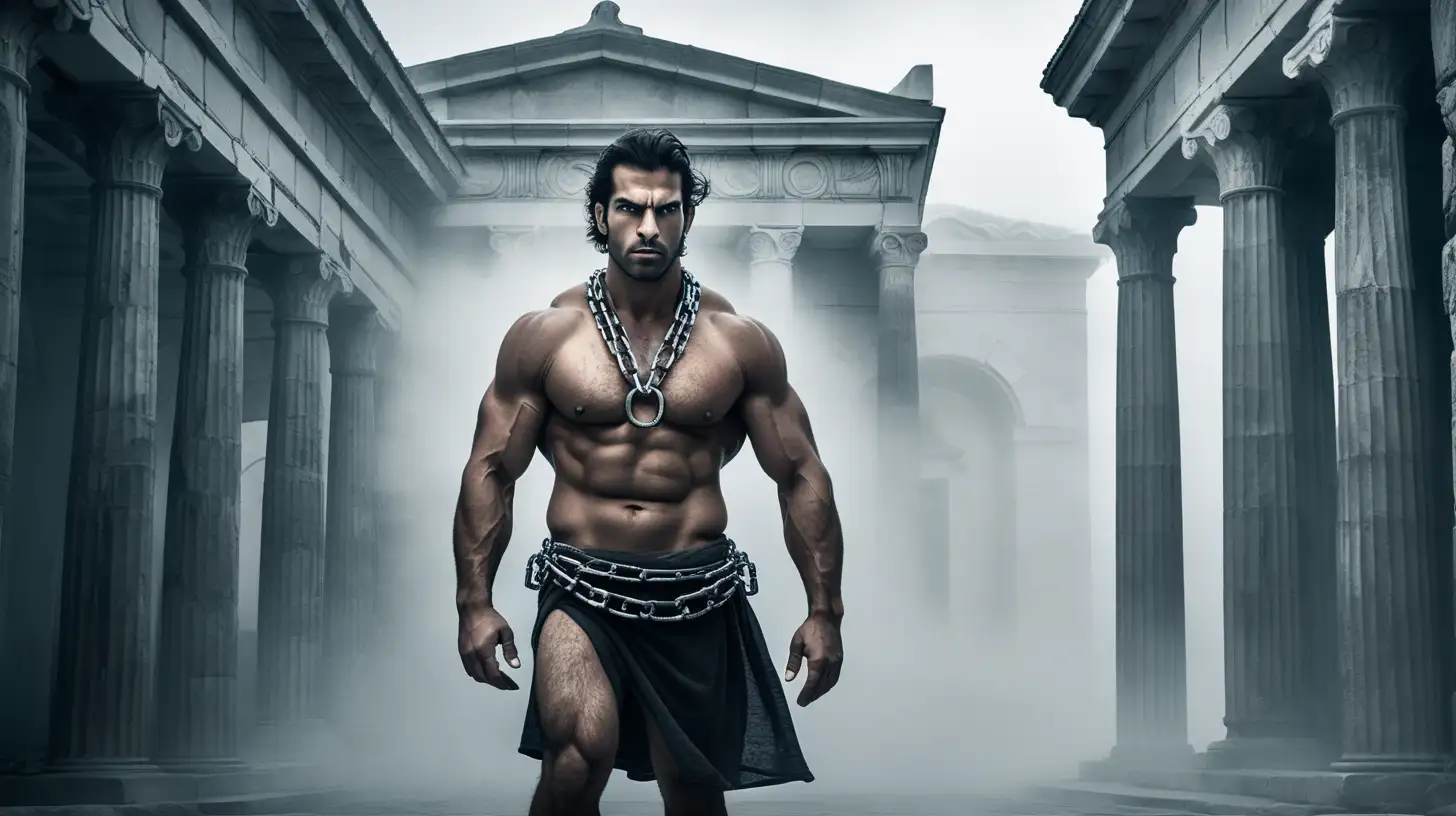 "Create an evocative scene featuring an  Greek man with a muscular physique, standing amidst historic buildings shrouded in mysterious fog. Surround the man with massive chains, emphasizing their imposing presence in this atmospheric setting. Capture the essence of strength, history, and intrigue in this unique and visually compelling prompt."