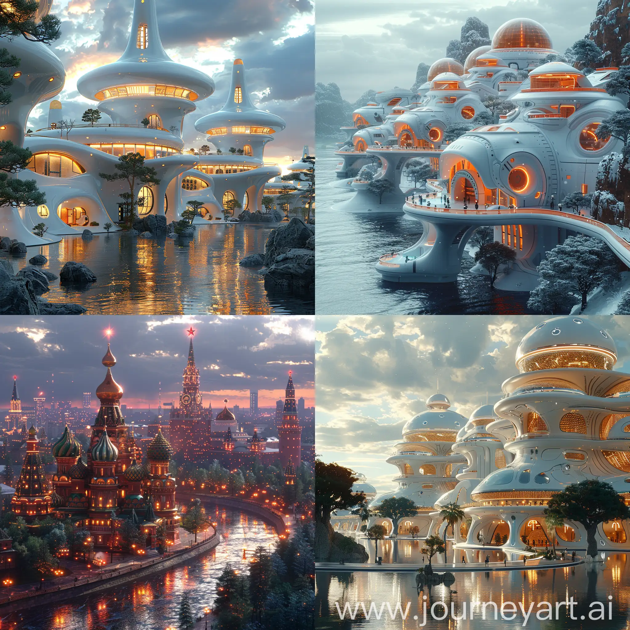Futuristic Moscow, futuristic style of high tech, futuristic style of utopia, octane render --stylize 1000