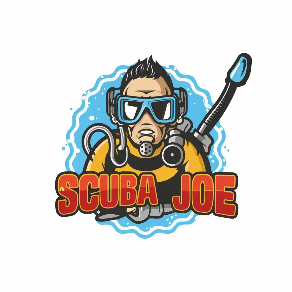 logo, original concept design logo, vector t-shirt design scuba diver, full color image fill , contour, Ultra detailed image, ultra fine sharp narrow 3 mm black outlined , no copyright, no watermark ,with the text "Scuba Joe" typography, with the text ".", typography