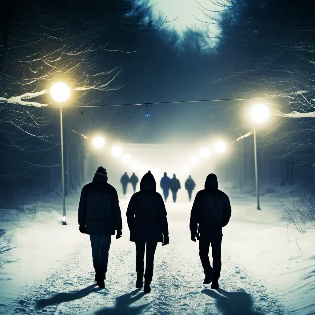 Three People Walking Away from Rave Lights and Crime Scene in Winter Snow