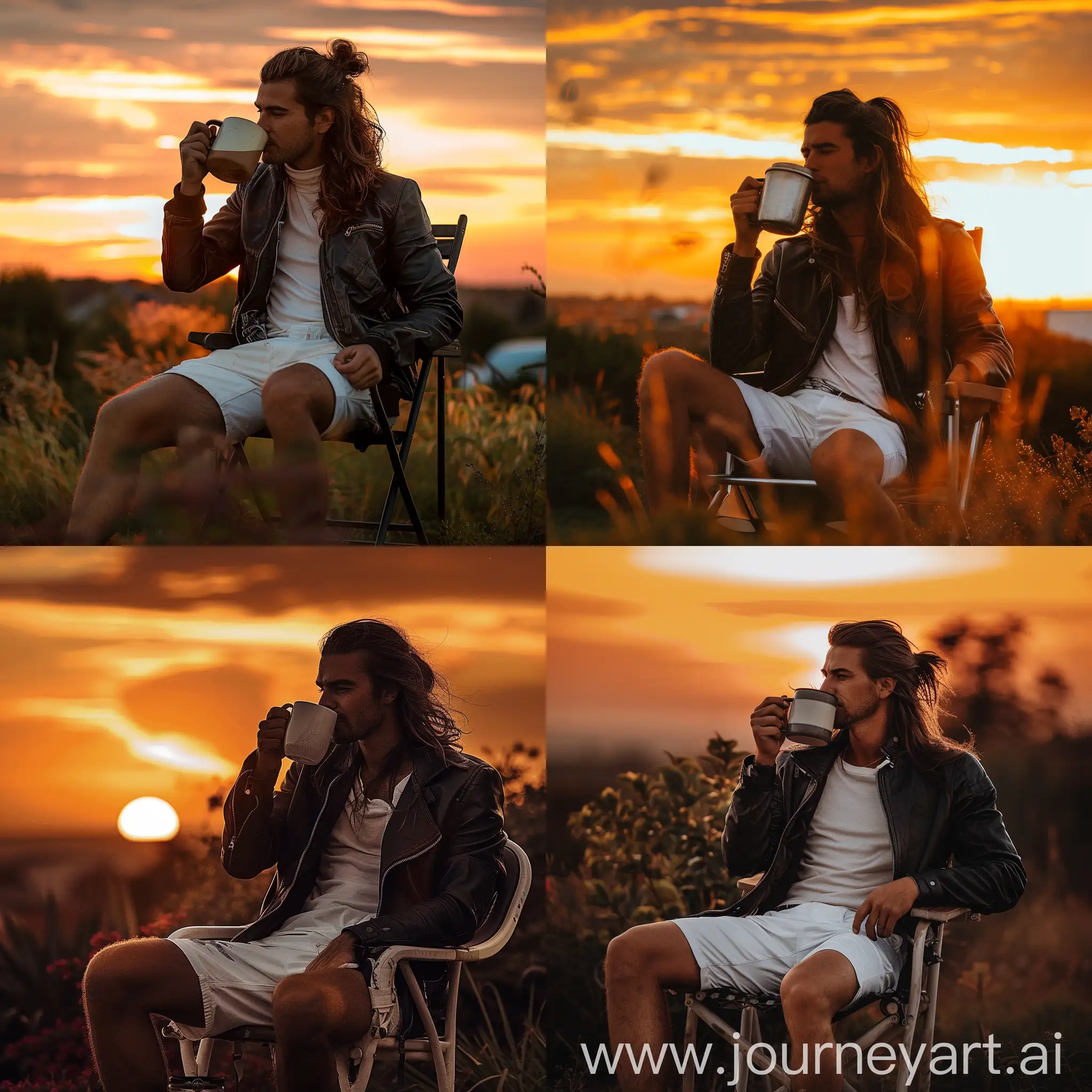 Guy tied long hair sitting in a chair wearing leather jacket and white shorts sipping coffee with big mug in a sunset