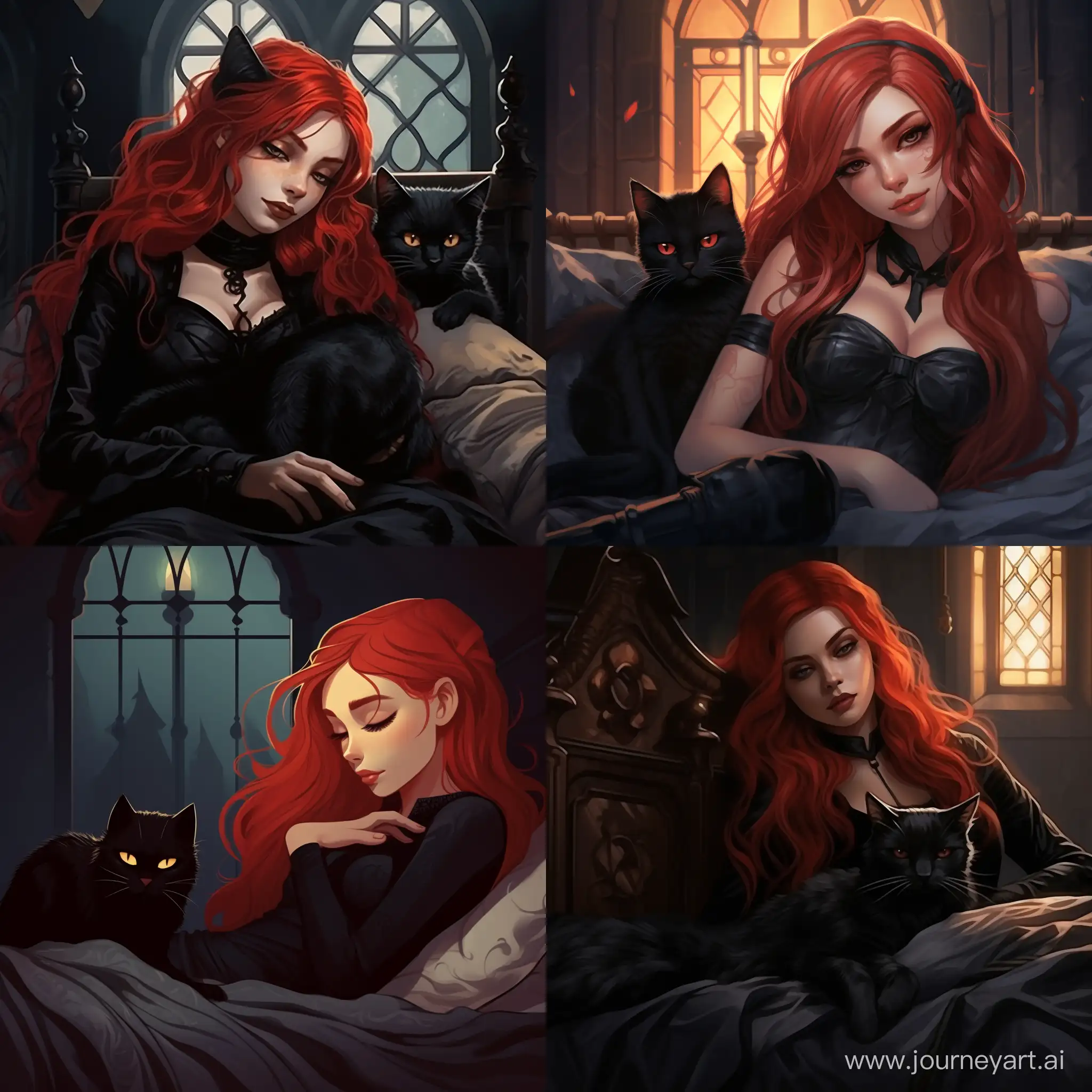 Surreal-Gothic-Dream-RedHaired-Girl-Sleeping-with-GothicStyle-Cat
