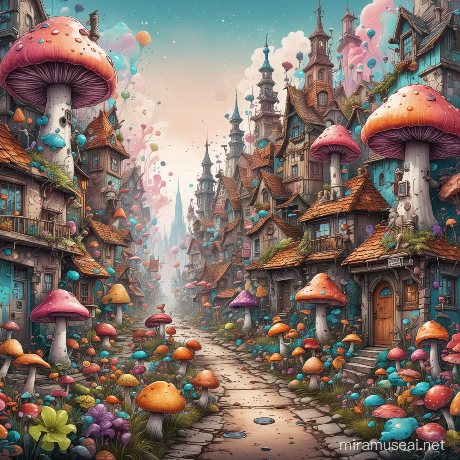 Ink splatter background, Candy Colored Fantasy illustration in complex mixed technique with elements of Colored Linework Tattoo Sketch, an futuristic candystyle city, over-detailed mushrooms of every size spreaded randomly, microscopic good gnomes standing in the streets,  overdetalized texture