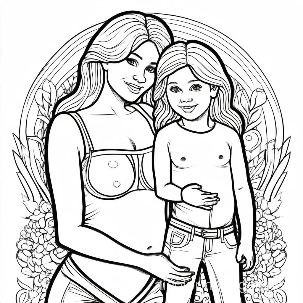 Mother daughter lesbians add details.breasts visible, Coloring Page, black and white, line art, white background, Simplicity, Ample White Space. The background of the coloring page is plain white to make it easy for young children to color within the lines. The outlines of all the subjects are easy to distinguish, making it simple for kids to color without too much difficulty