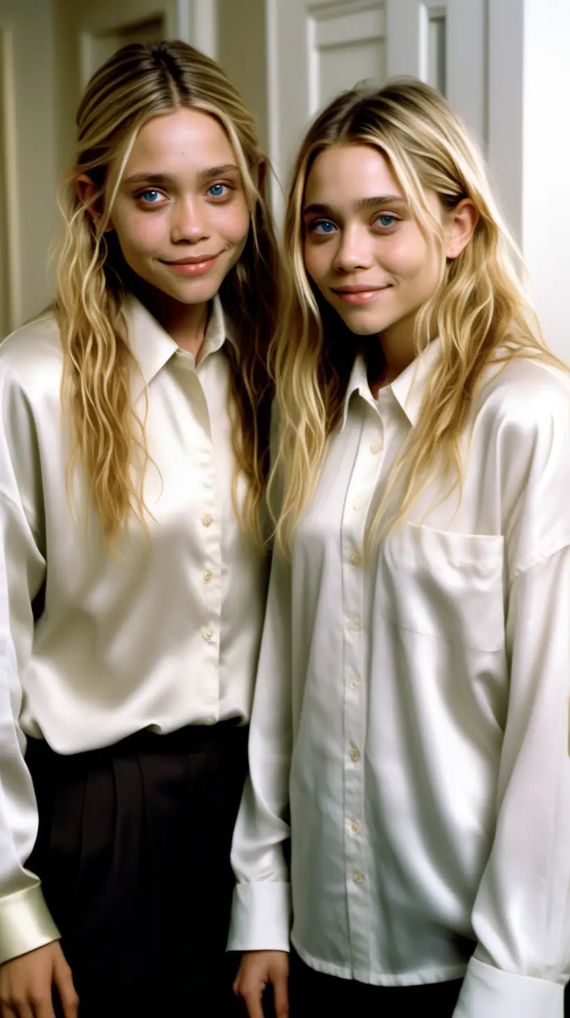 Ashley and Mary Kate Olsen Smiling in Bright Dormitory Room