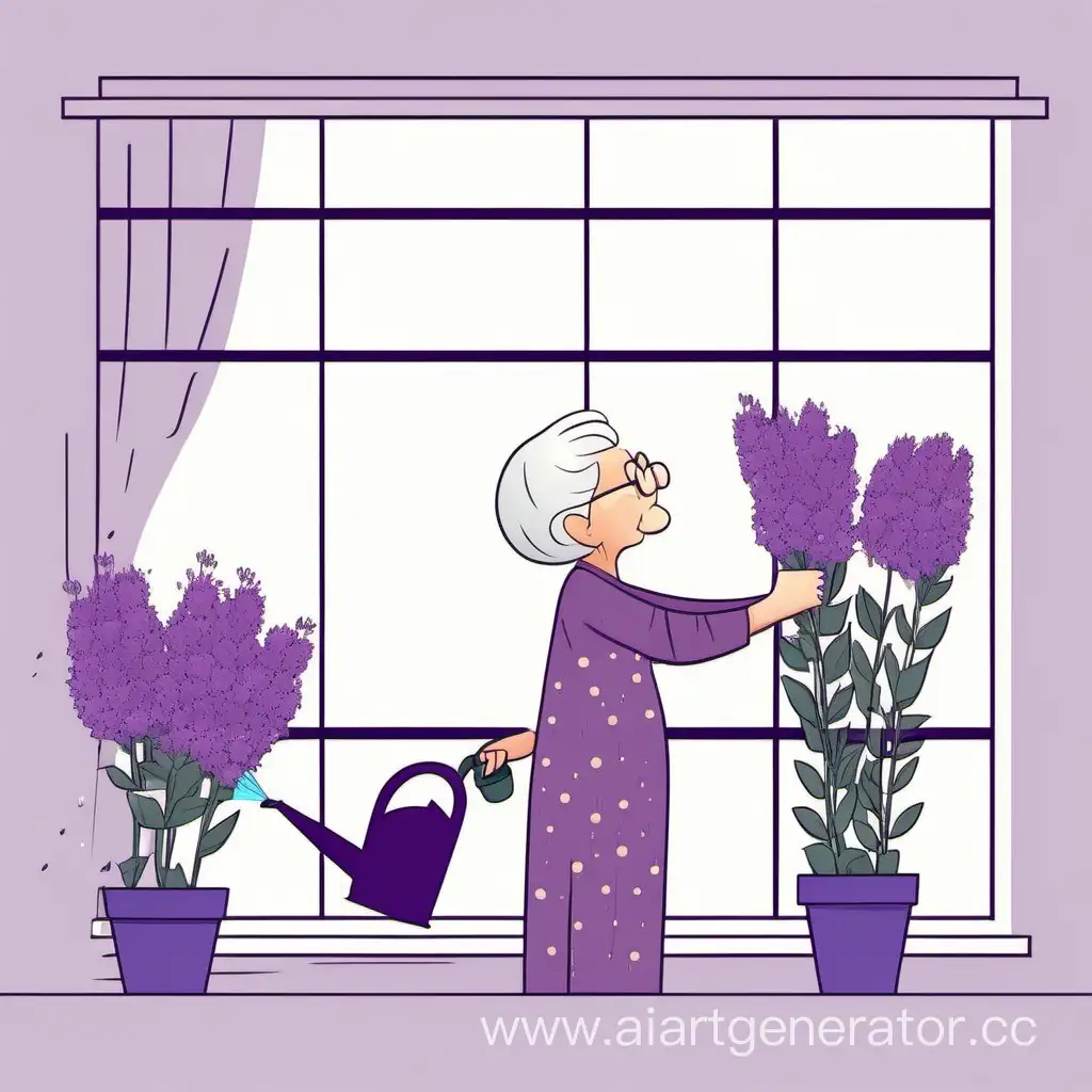 grandma watering purple flowers by the window cute minimalist cartoon style
