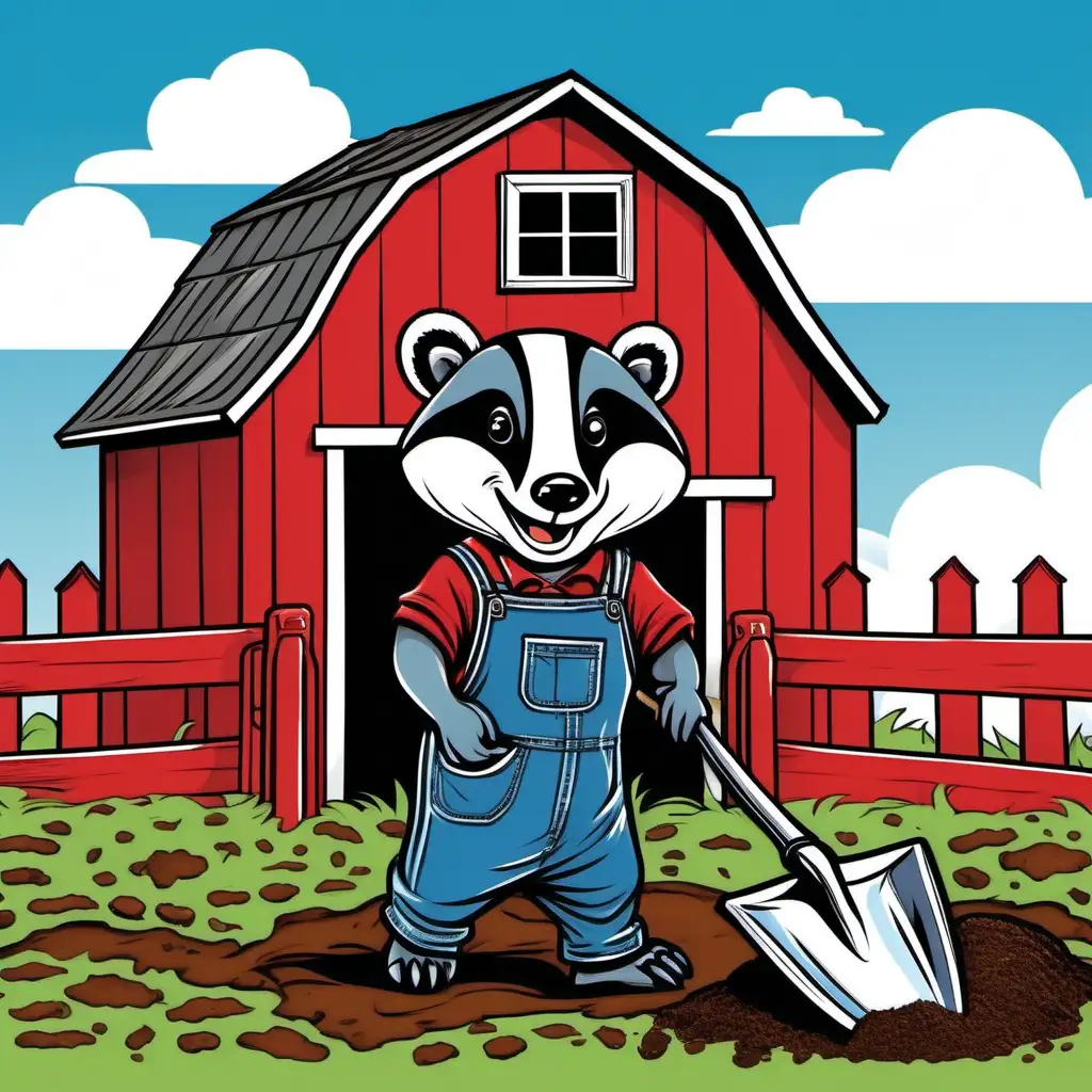 Happy Badger Farmer Working in Front of Red Barn