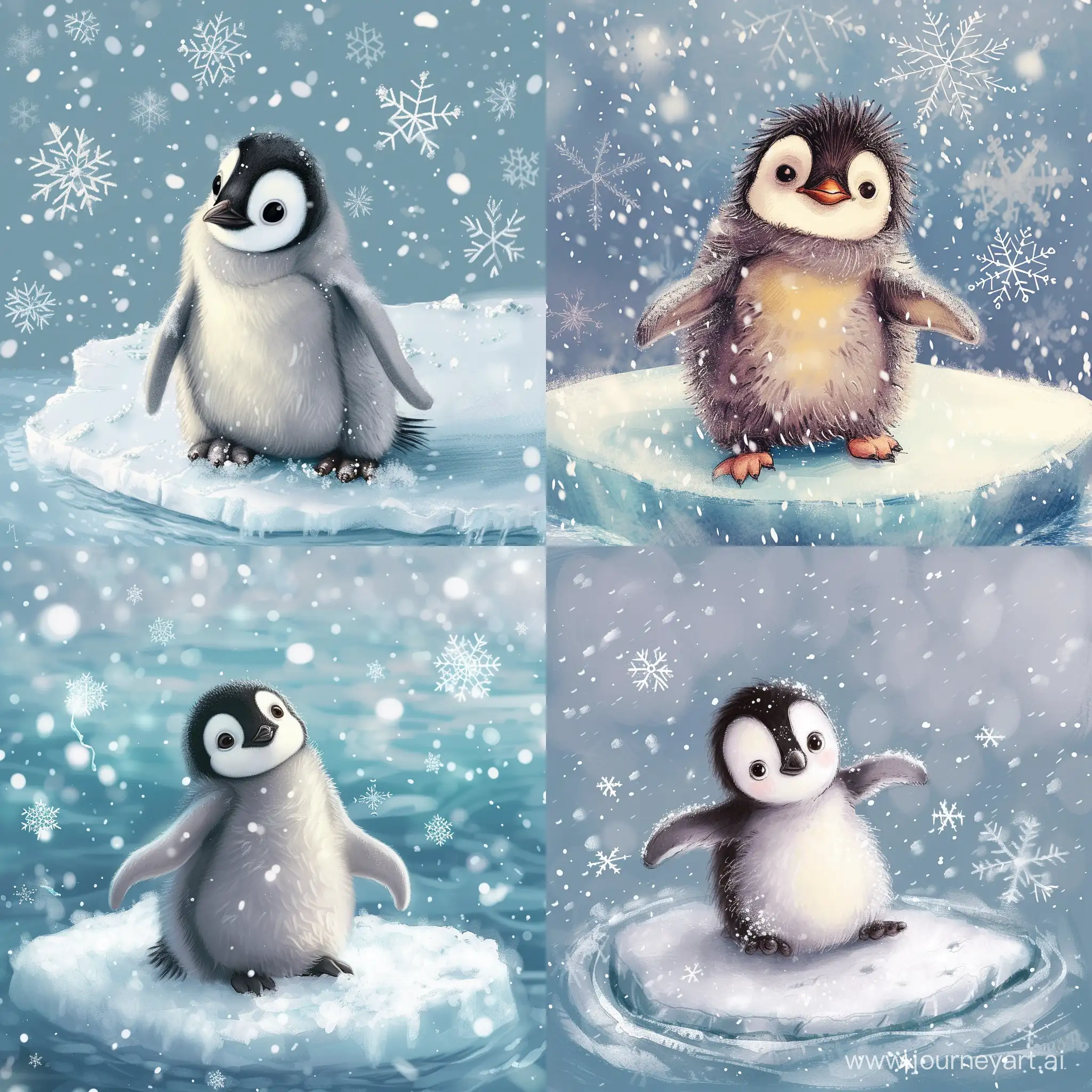 пушистый пингвинёнок на льдине, вокруг снежинки, сказочно красиво, детализация, иллюстрация 
