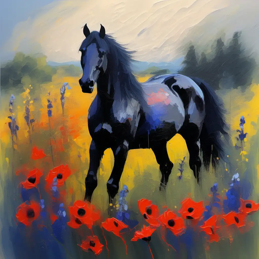 Impressionistic interpretation of a summer meadow with bluebells and poppies, vibrant colors and distinct brushstrokes, textured, atmospheric, tactile , layered, bipolar, the silhouette of a black horse 