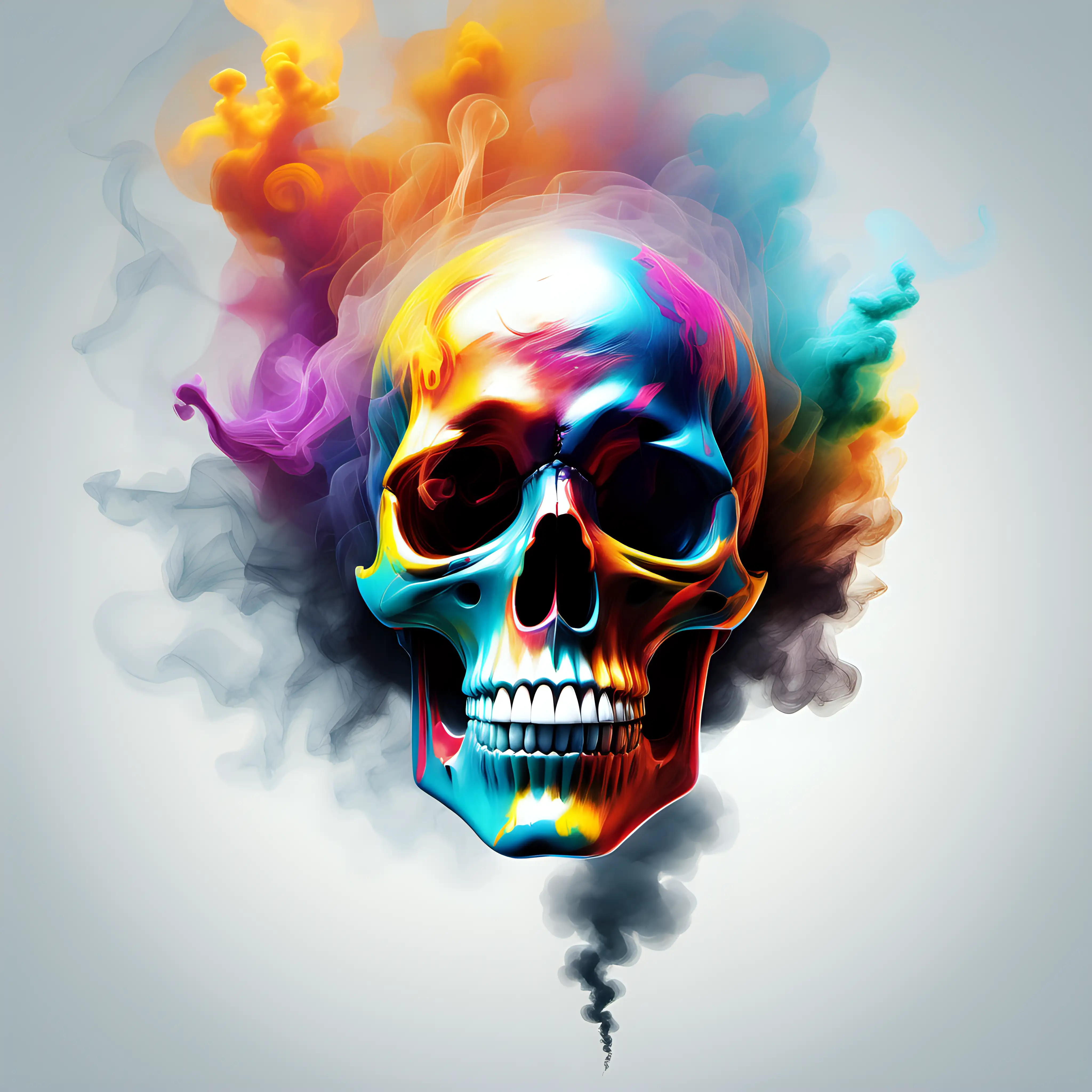 create a colorful abstract painting of a skull blowing out smoke on white background
