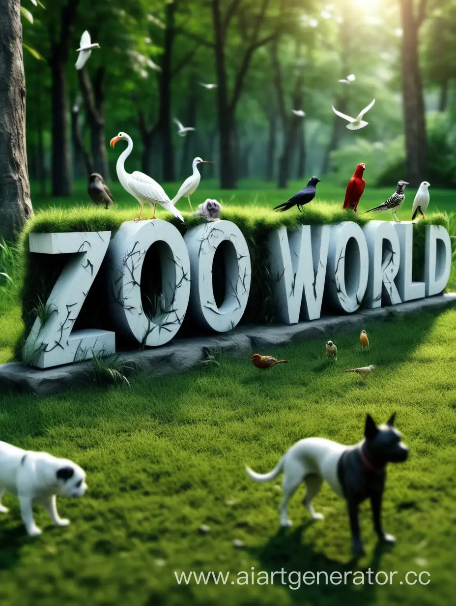 Надпись "ZooWorld" на фоне природы, природа, собаки, кошки, птицы, 4к