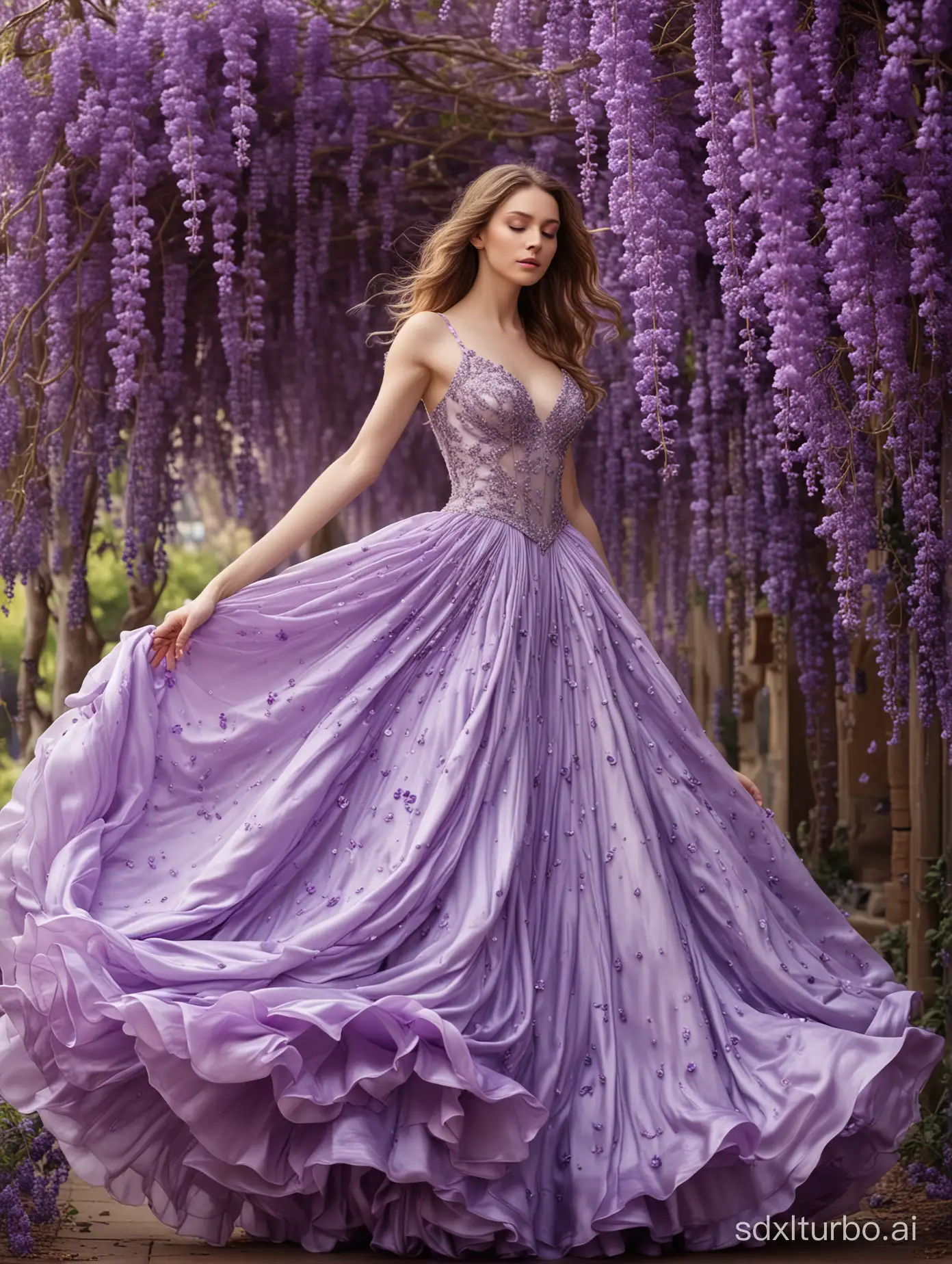 Petals drifting in the air, details, award-winning masterpiece, non-representational, expression of emotions, rich in imagination, highly detailed, highly detailed, a gown formed by the fusion of purple satin and petals, floating in midair, female model in formal lens, lavender, wisteria, violet, blooming flowers and skirt hem