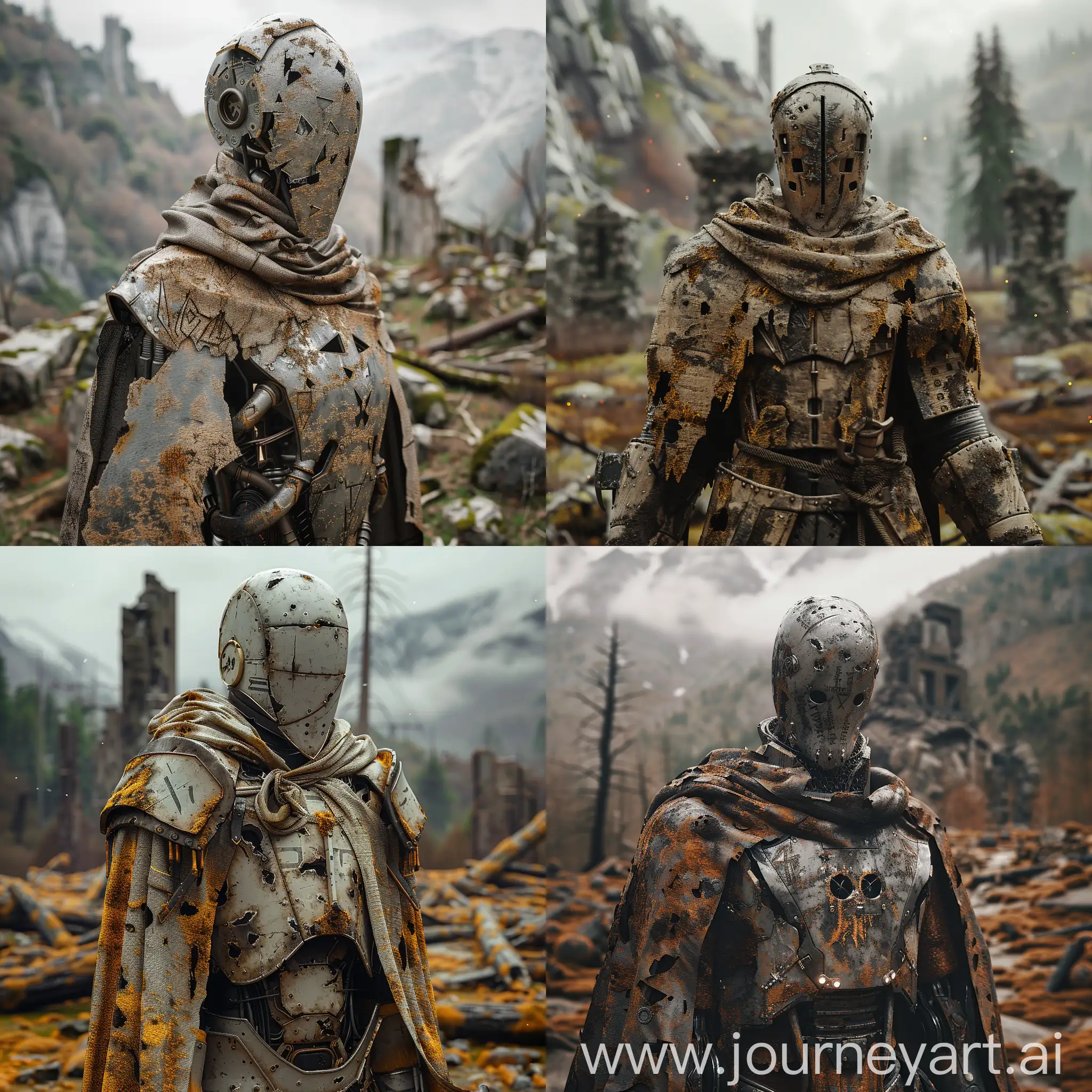 Masterpiece, 4k, unreal engine m5, volumetric lighting, dof, bokeh, hyper realism, adof, vignette, dust, moss, aged, scarred, burnt, runic, holy, magic, scorcerer, mech, robot, 
warforged, dnd, light armour, dark fantasy, fantasy featureless helmet, highly detailed, tattered robes, burnt robes, destroyed land, castle ruins in background, burnt wood, unmarked tombs, mountainous background, dead forest