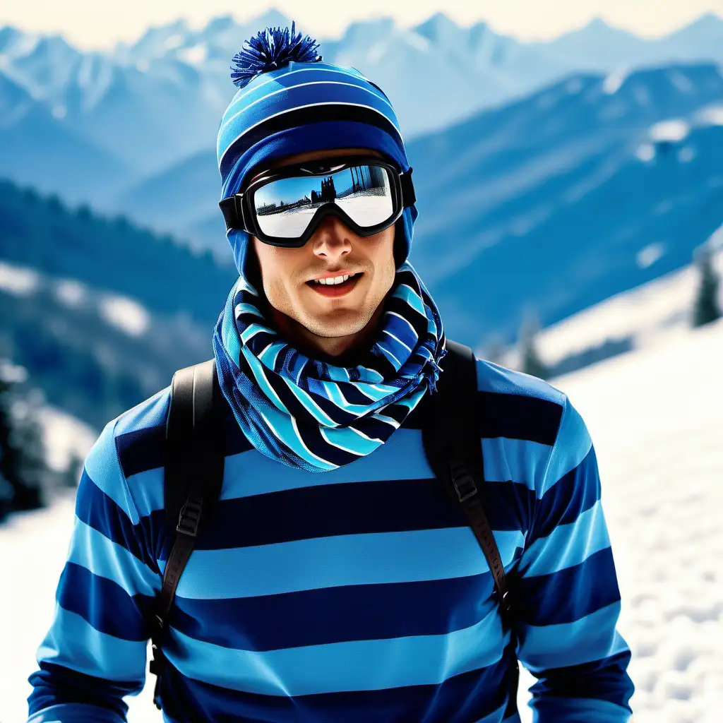 handsome fit young man, navy blue pacific blue horizontal horizontal stripes horiziontal striped costume, snow gloves, scarf, hat, goggles, snowboarding down snowy mountains