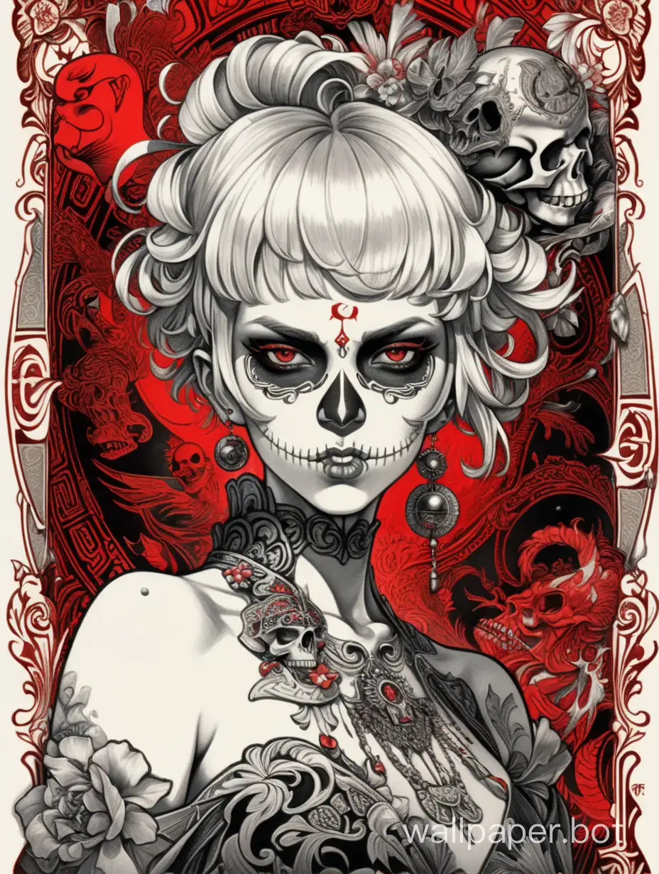 skull venus, burlesque odalisque, front head , sexy crazy face, chaos ornamental, short hair, darkness, explosive hairstyle, assymetrical, chinese poster, torn poster edge, alphonse mucha hiperdetailed, highcontrast, black white red, dramatic tones, explosive dripping colors, 