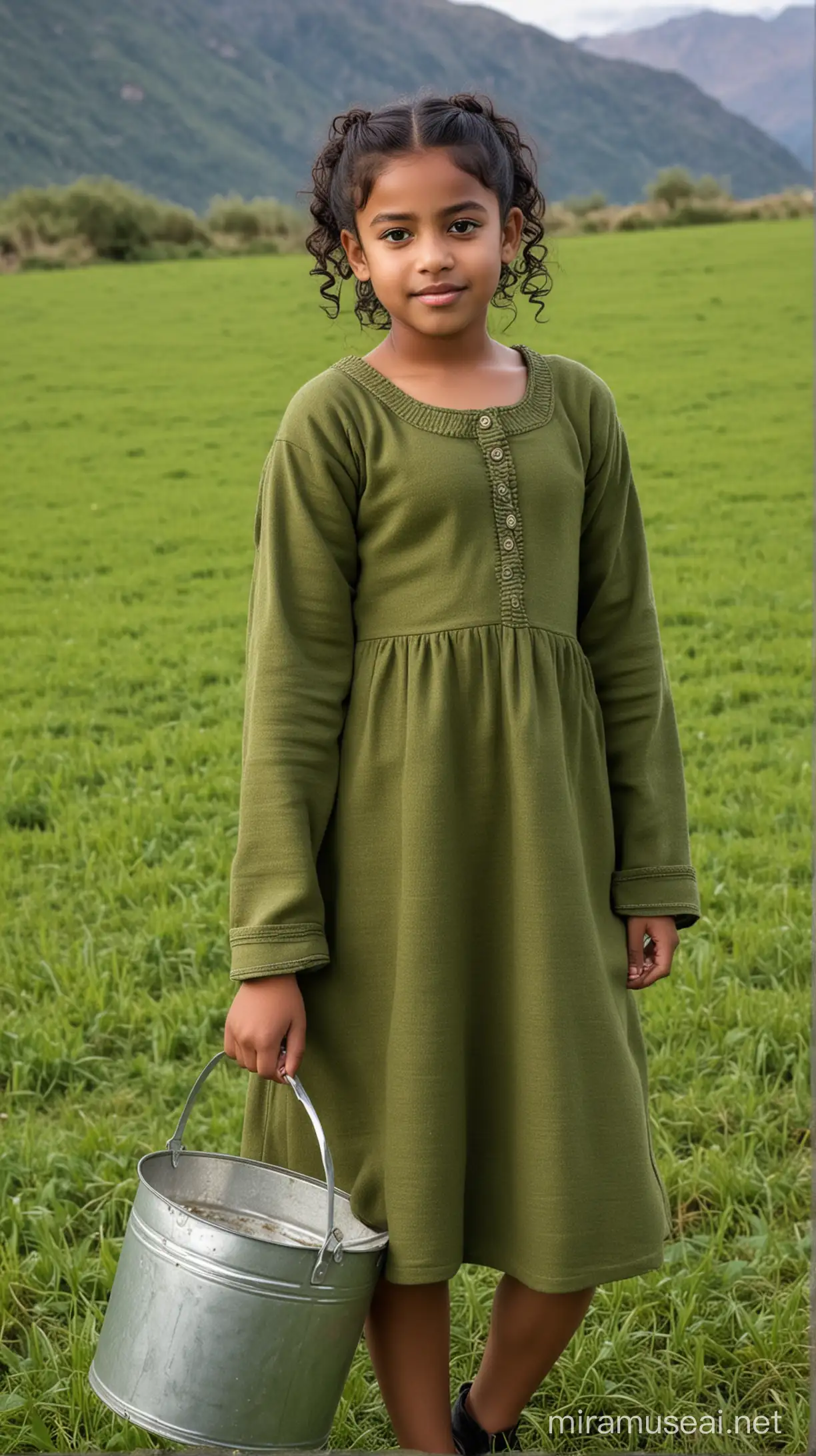 A 12 year old fat black girl with small eyes, wide lips, weak chin, small nose and long curly black hair with a bun at back wearing a long sleeved woolen kurti holding a steel bucket and standing on a green field in a mountain 