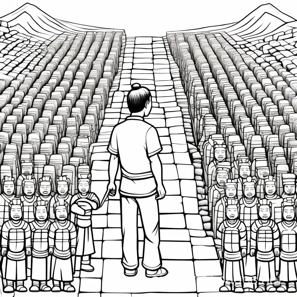 adult chinese archeologist wearing a t shirt and jeans looking at terracotta army nervously, Coloring Page, black and white, line art, white background, Simplicity, Ample White Space. The background of the coloring page is plain white to make it easy for young children to color within the lines. The outlines of all the subjects are easy to distinguish, making it simple for kids to color without too much difficulty