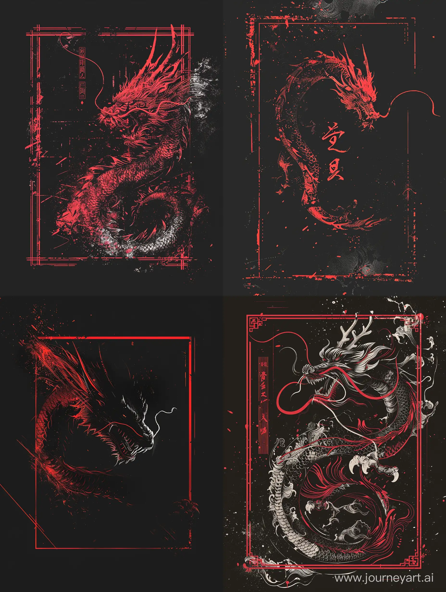 Create a rebellious atmosphere for the cover design by using a black background with a red frame. Incorporate an impactful symbol or pattern instead of text. This symbol or pattern could be, for example, a dragon figure or a rebellious character. Ensure the overall look of the design resembles an Instagram post.