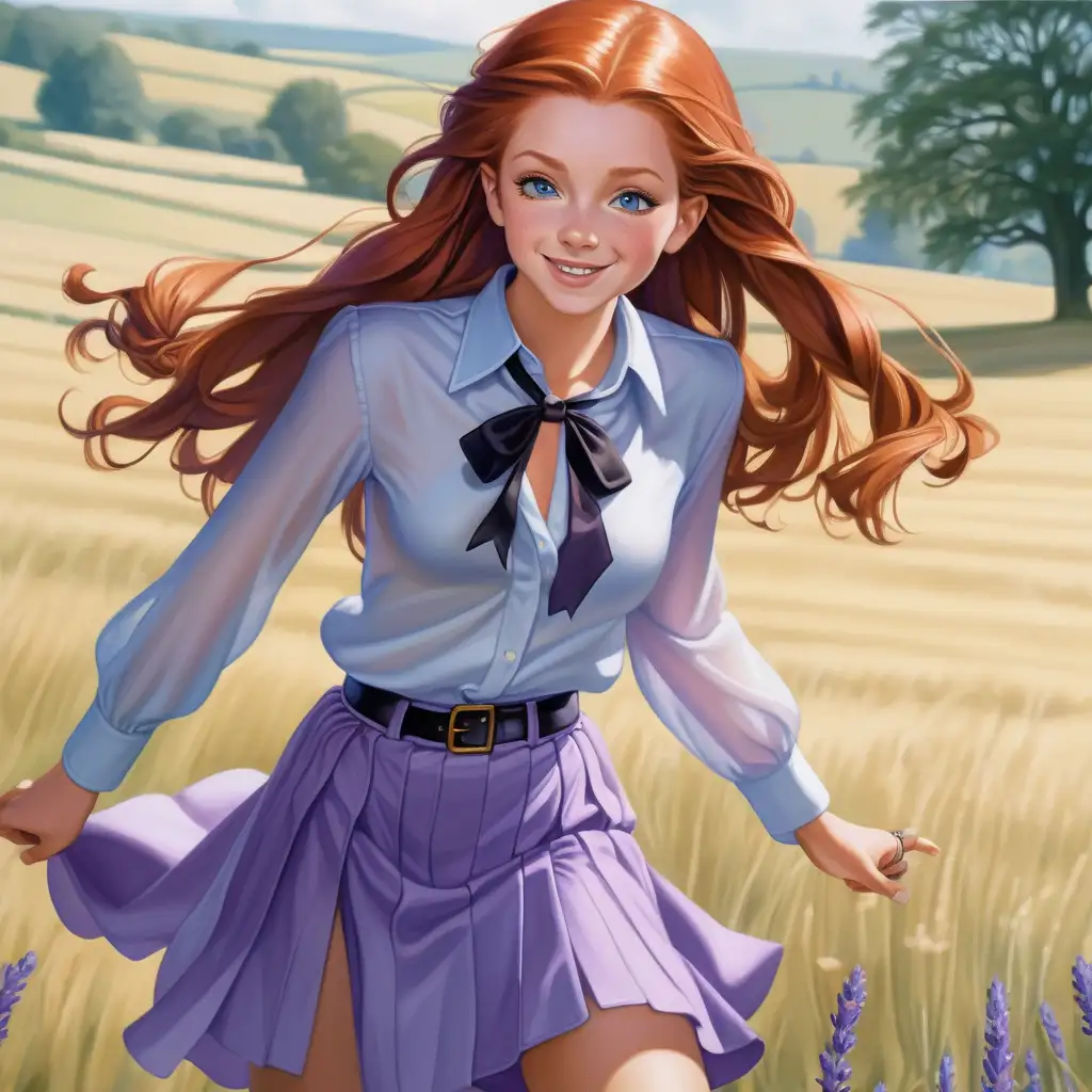 Dans campagne avec beau temps, vue dynamique en de face, pose très très suggestive sexuelle, Ginny Weasley, regarde amoureusement sourire angélique, ruban bleu dans les cheveux, Chemise manches longues en soie Femme ivoire très très échancrée et micro jupe lavande et escarpins noir 