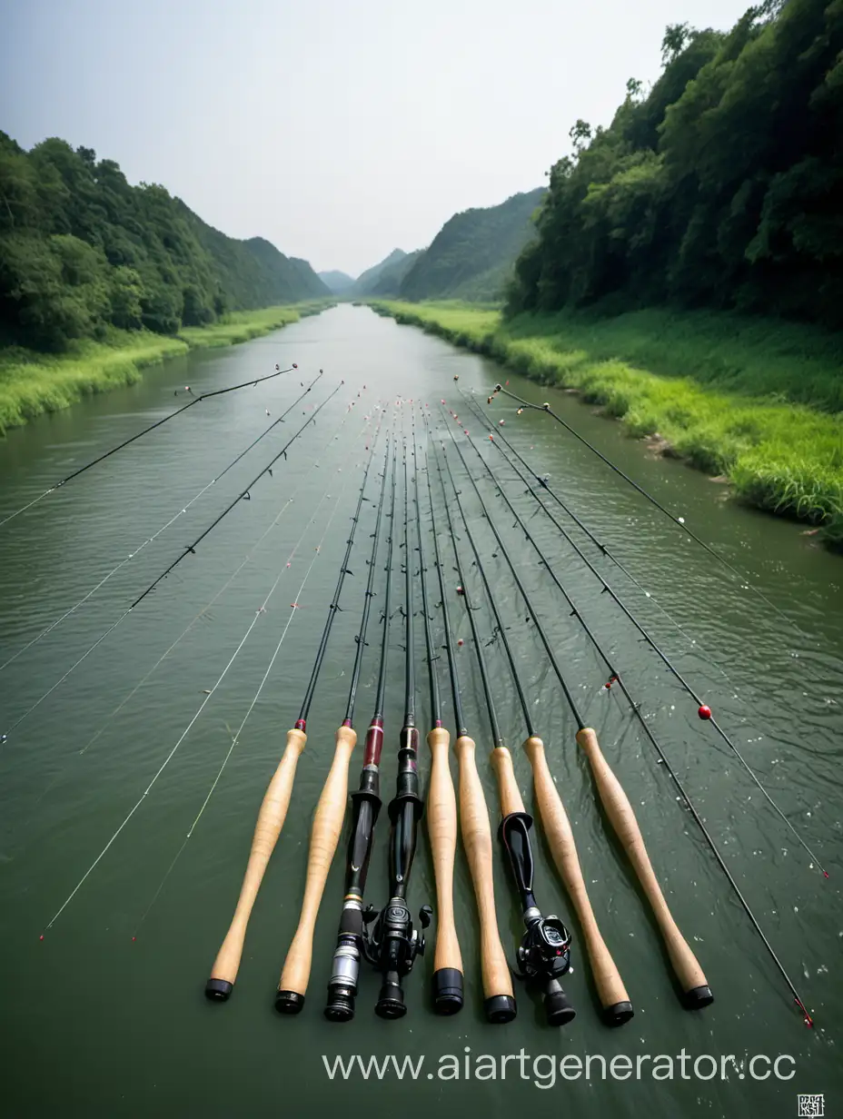 Anglers-Casting-Ten-Fishing-Rods-into-the-River-for-Fishing