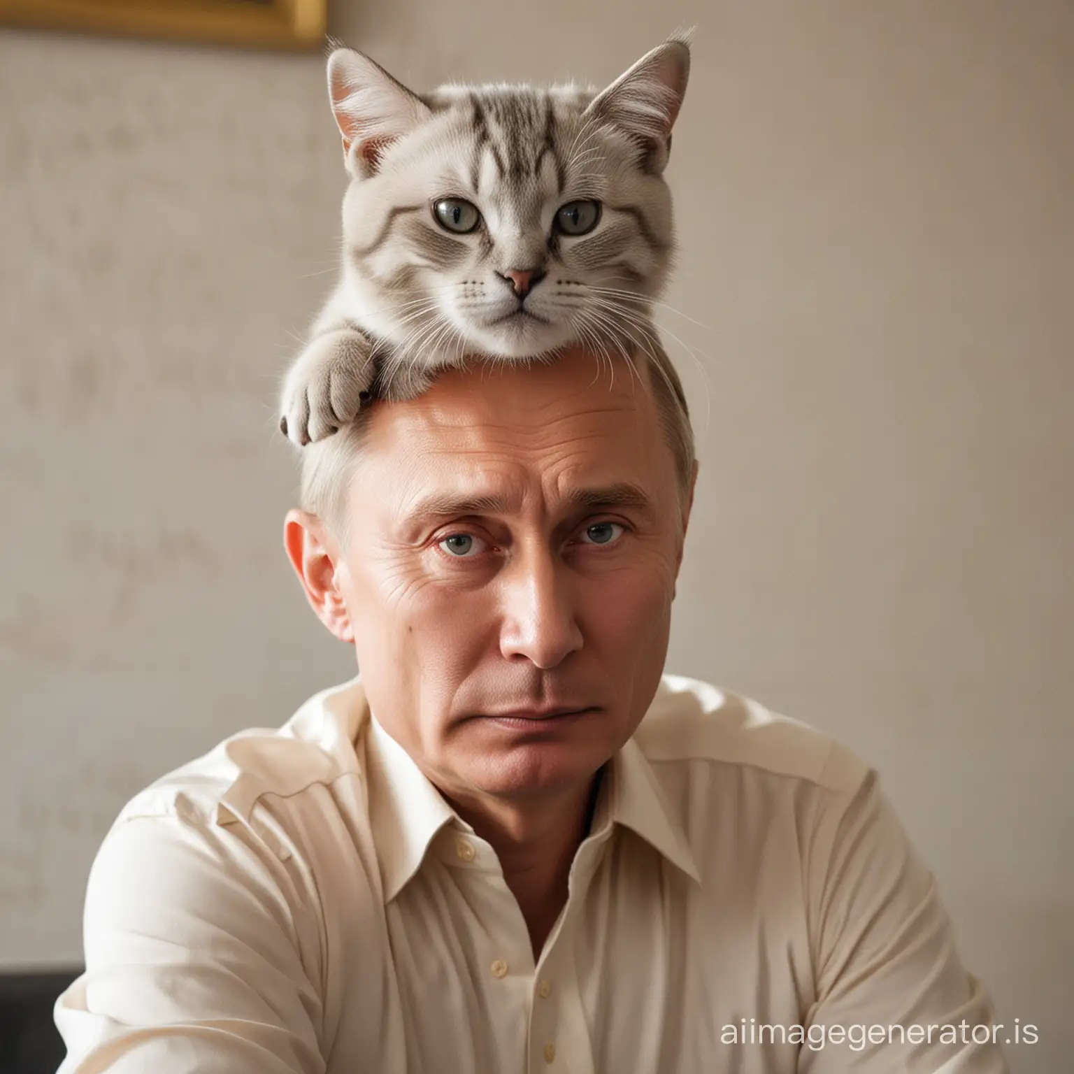 Putin with a serious look on his face. A cat is sitting on his head