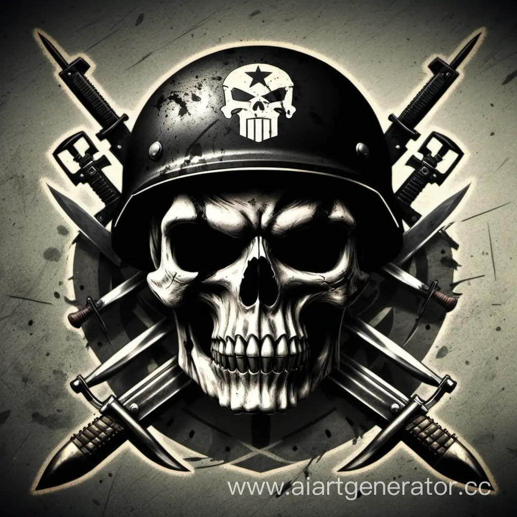 Нарисуй брутальный логотип клана с названием "Kill or Die" с использованием черепа в каске и оружия времён второй мировой войны.