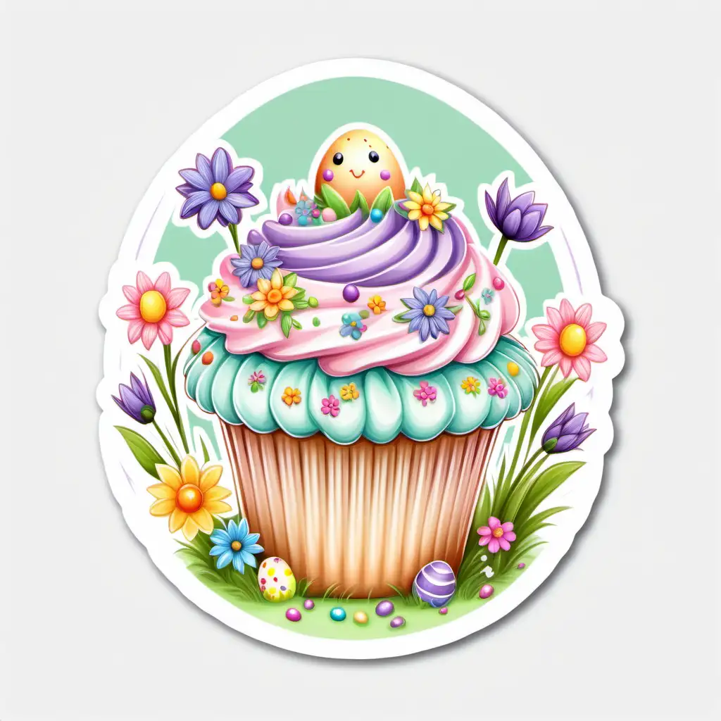 fairytale,whimsical,
cartoon, large easter double frosted CUPCAKE,STICKER, spring flowers 
bright pastel, white background,