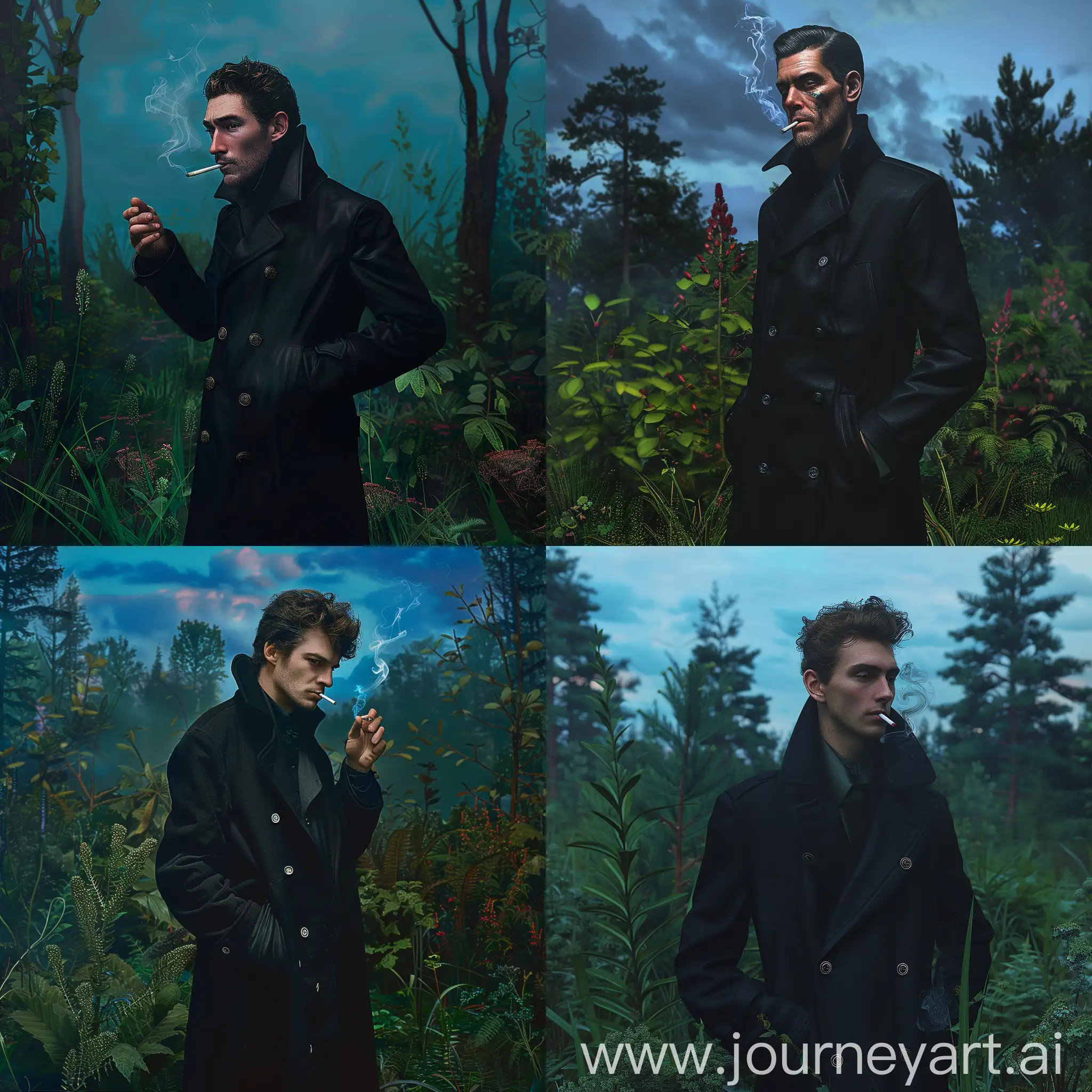 Thomas Shelby in a black coat, smoking a cigarette, forest background, green grass, various plants, blue sky, 8k, realistic, super detail, hdr, evening time