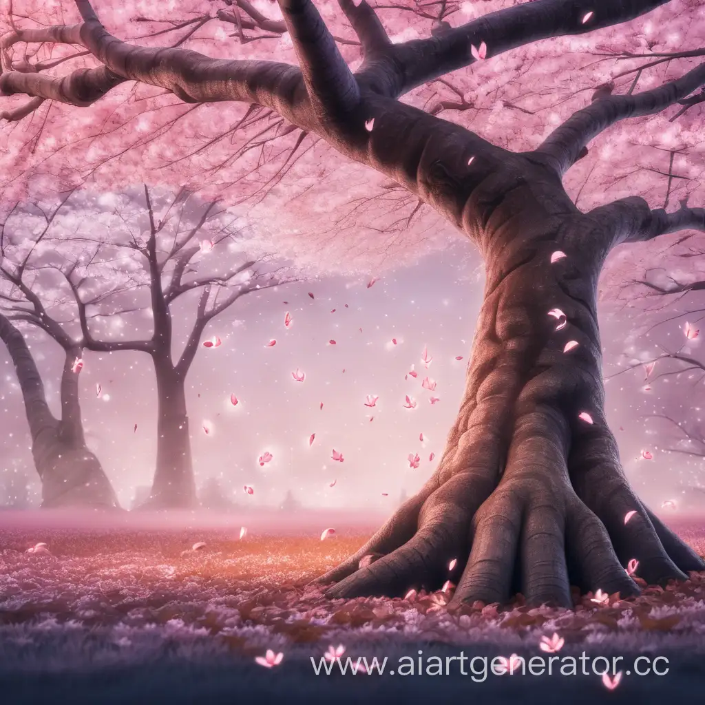 Serene-Evening-Scene-Sakura-Trunk-with-Falling-Leaves