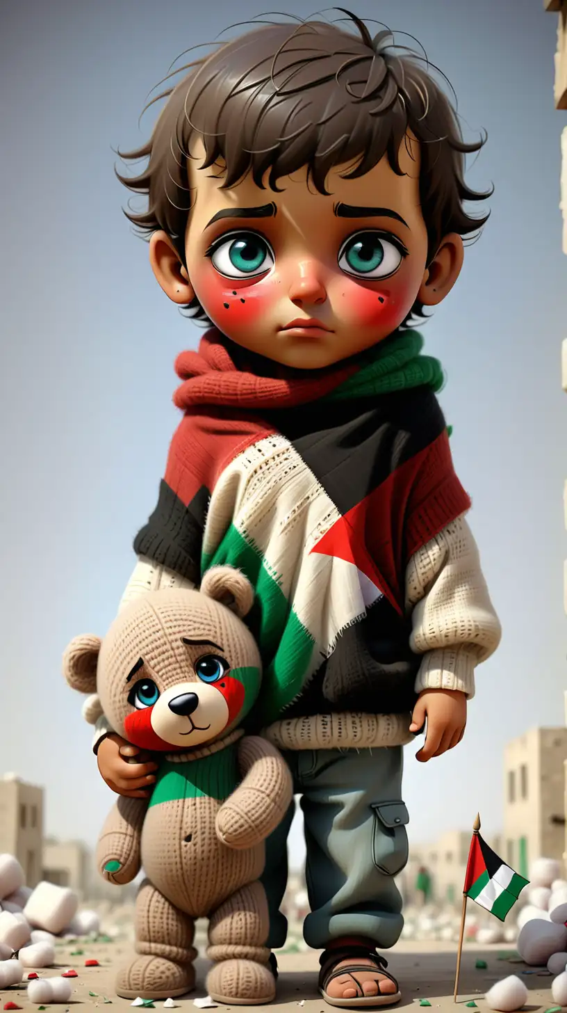 Draw a picture of a Palestinian child as if it were real, wearing the Palestinian flag, his eyes are teary, his body with a teddy bear made of wool and cotton in his hand