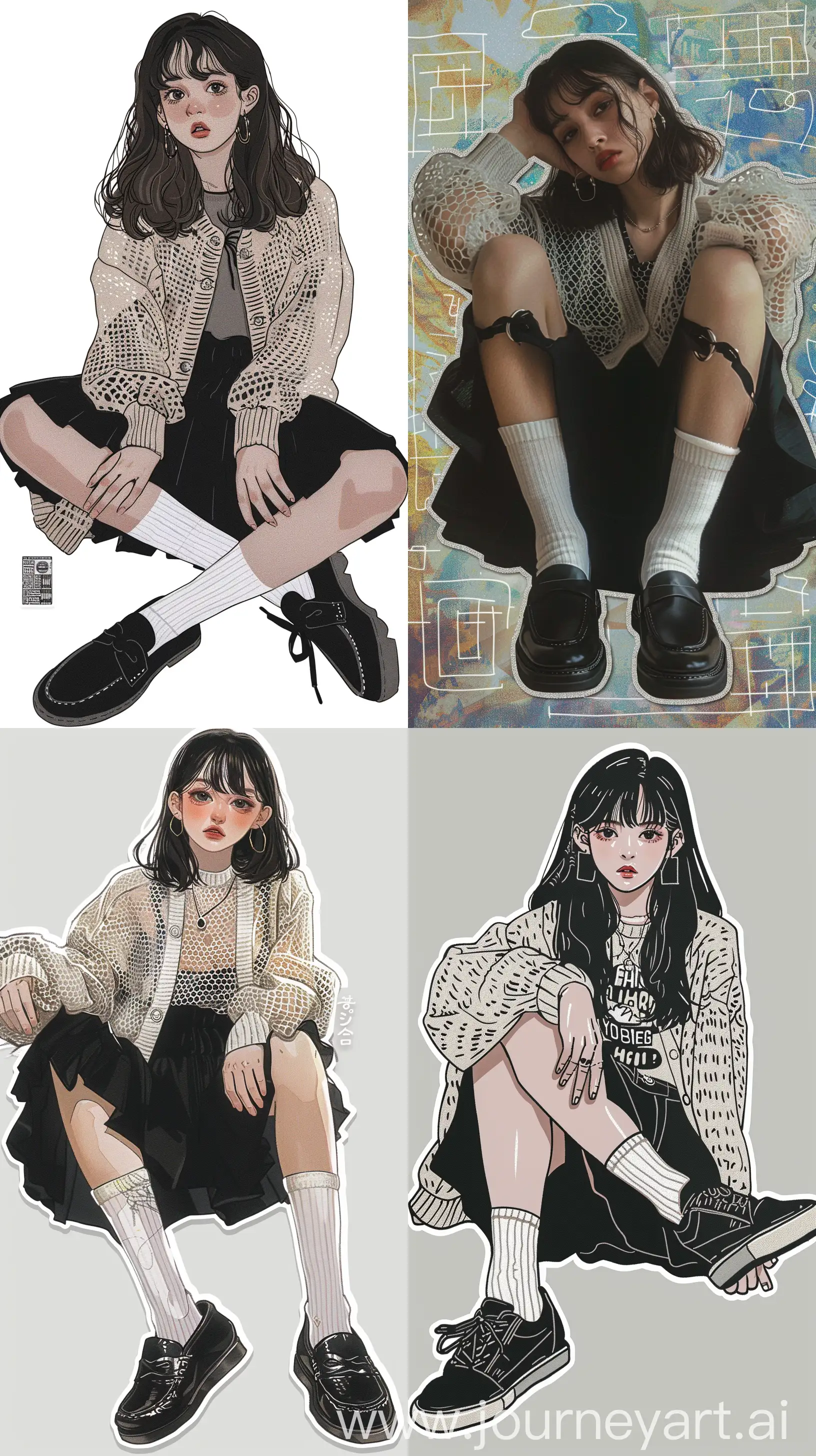 Y2K-Anime-Aesthetic-Girl-in-Net-Cardigan-and-Black-Skirt-Sitting-Pose-with-Sticker-Design