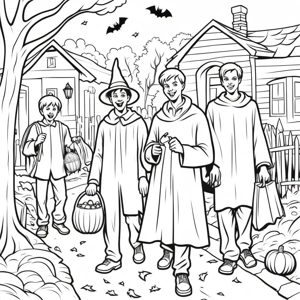 a simple black and white coloring book image of young men trick or treating in village