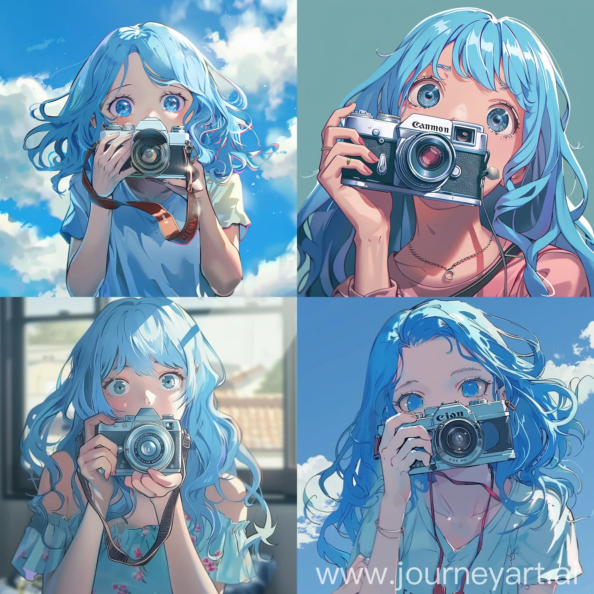 сгенерируй изображение в аниме стиле как девушка с синими волосами держит камеру во рту а камера ее снимает