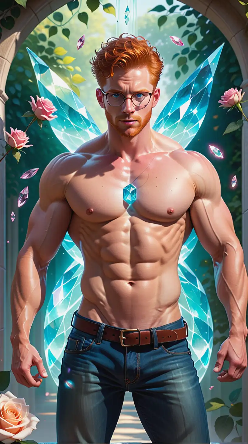 In a breathtaking display of power and transformation, a 30 something shirtless ginger hunk with glasses and mesmerizing amber eyes floating mid air. His rugged 5 o'clock shadow adds to his rugged charm as he defies gravity, suspended in mid-air. Clad only in casual jeans, his open pink shirt hangs in tatters, fluttering around him like a banner in the wind. As he ascends, a brilliant aquamarine aura radiates from the circular energy crystal embedded in the center of his chest. The crystal pulses with energy, casting a dazzling glow that illuminates the surrounding rose garden.