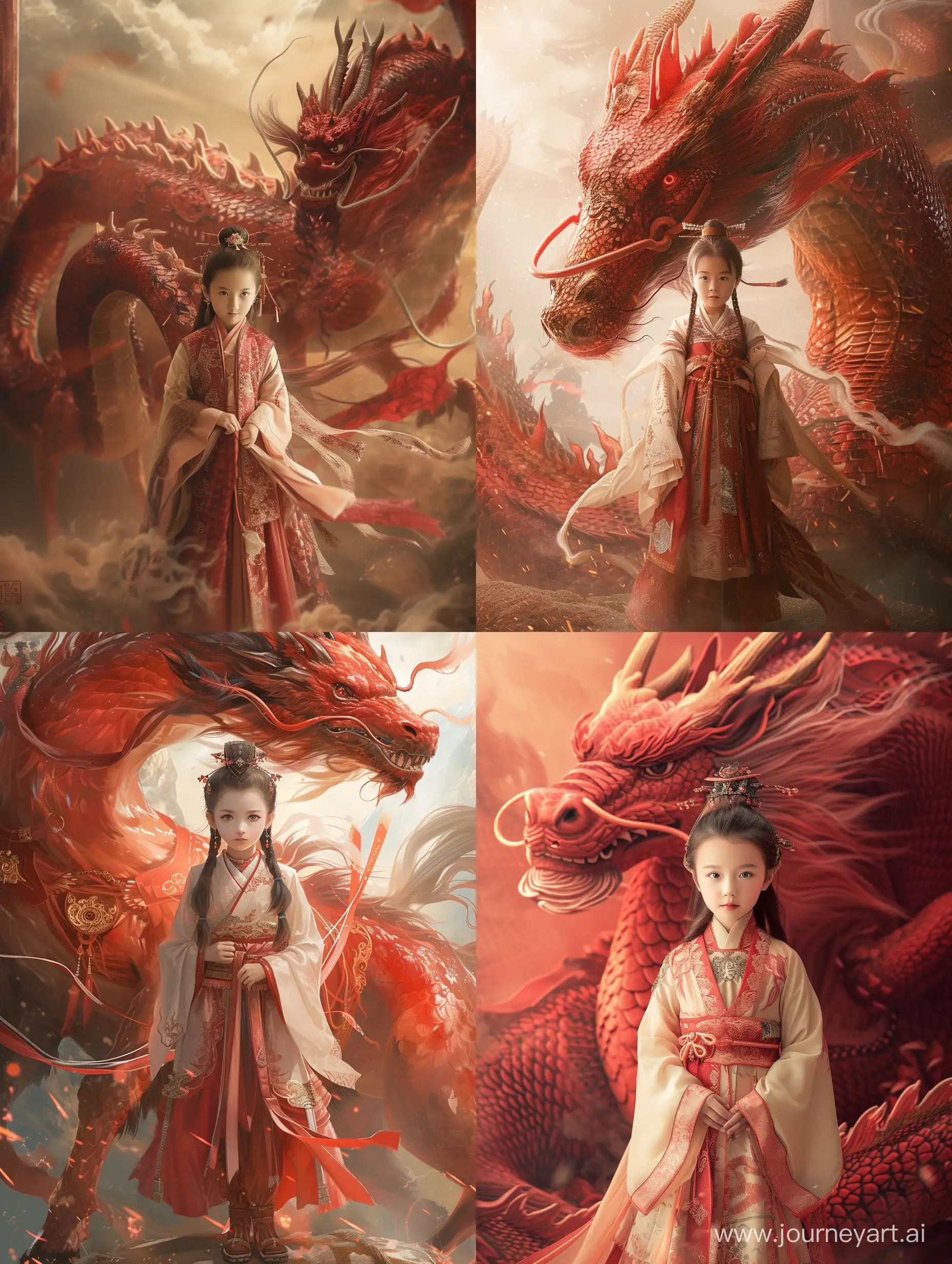 An 8-year-old girl, dressed in traditional Chinese clothing, stands in front of a dreamy red dragon - the dragon, with its primary color being red. She rode on a warhorse with a handsome posture. This image includes frontal, half body, and full body shots. The inspiration for the visual style comes from the Three Kingdoms, Northern and Southern Dynasties