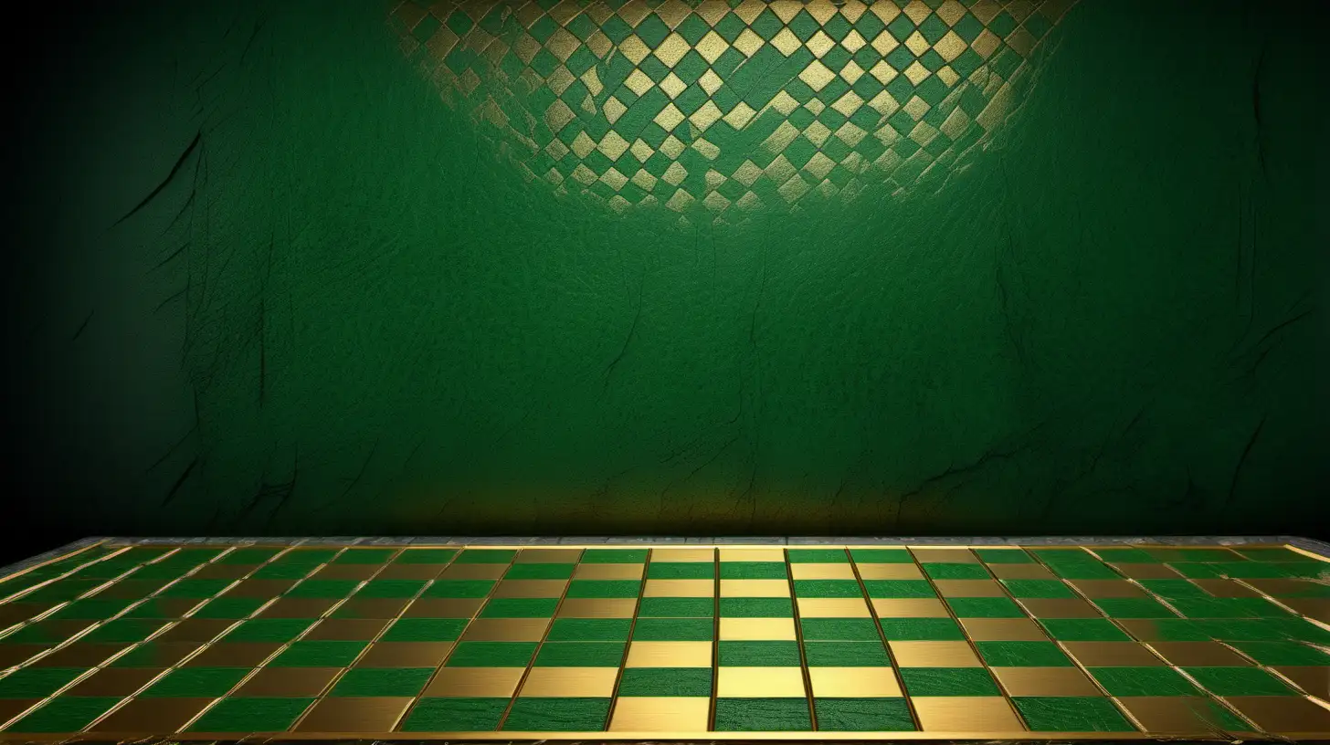 gold and green check board, on dramatic textured green background, wide, flat perspective
