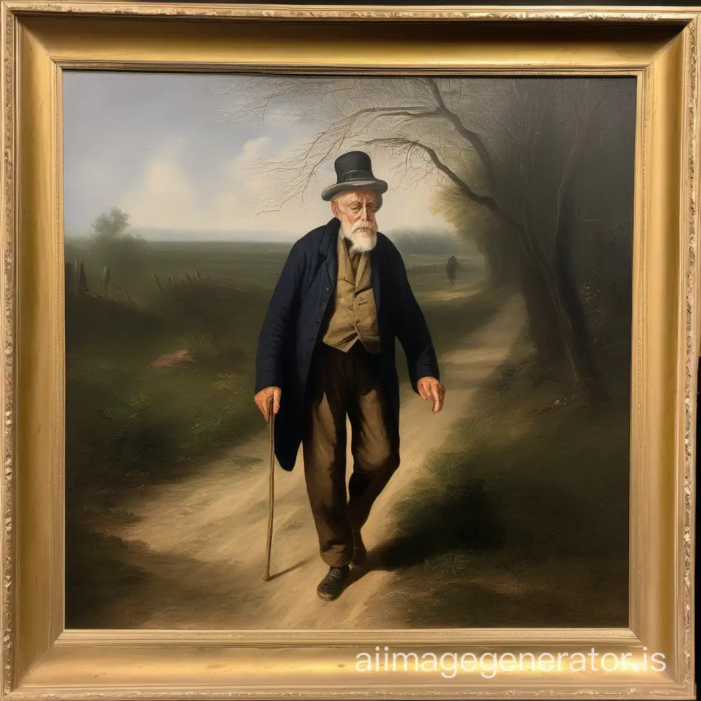 vieil homme qui marche à pied au 19ème siècle peinture à l'huile