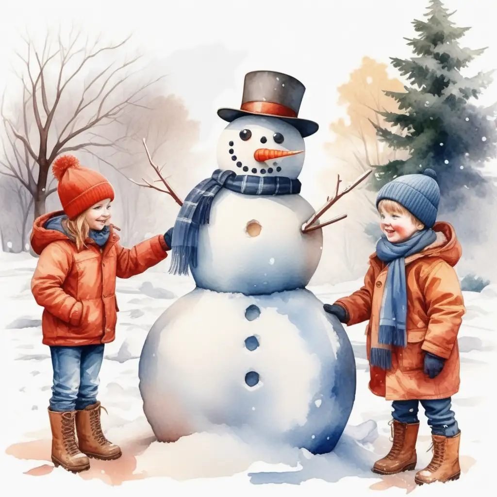 Children Building a Snowman in Josef Lada Style Whimsical Watercolor Scene