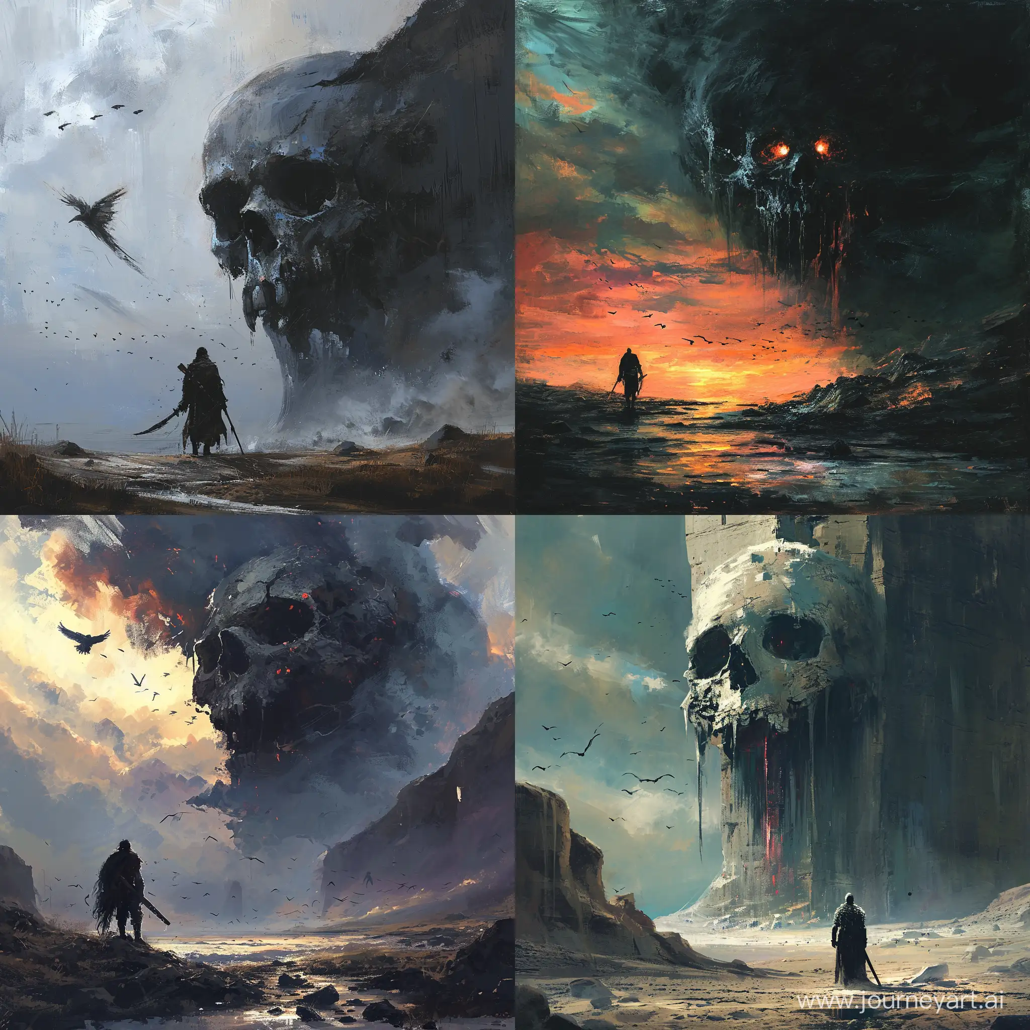 Lone-Warrior-Confronting-Giant-Skull-in-Desolate-Dusk-Landscape