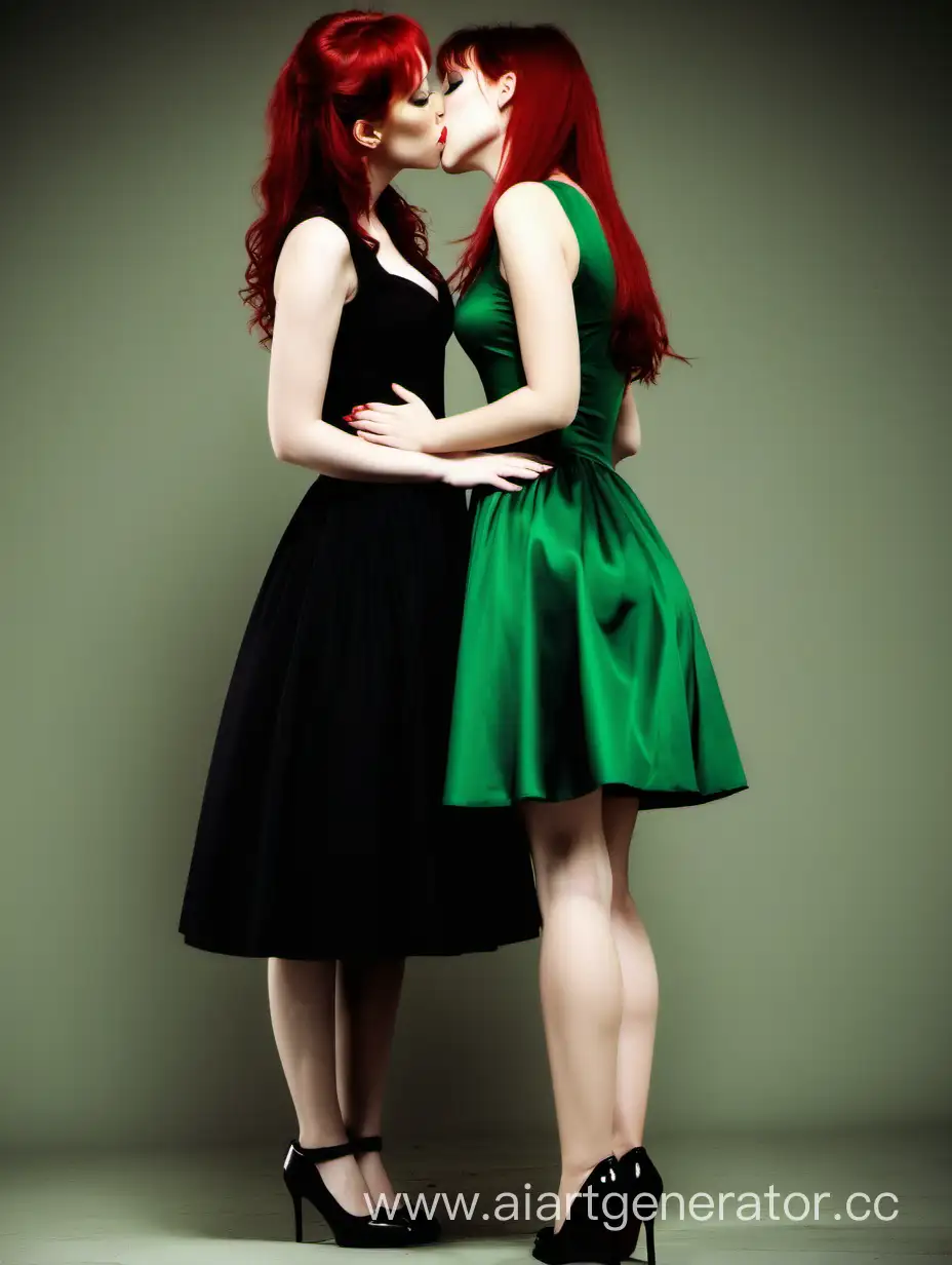 Romantic-Moment-Girls-with-Black-and-Red-Hair-in-Elegant-Dresses-Sharing-a-Kiss