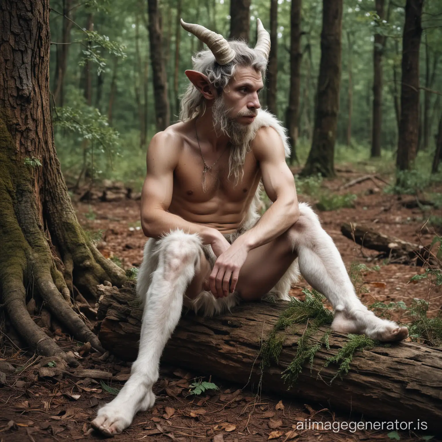 Homeless charismatic youngadult satyr who is tired of life with white fur on legs and hoofs and broken horns sitting on a bark in dark forest