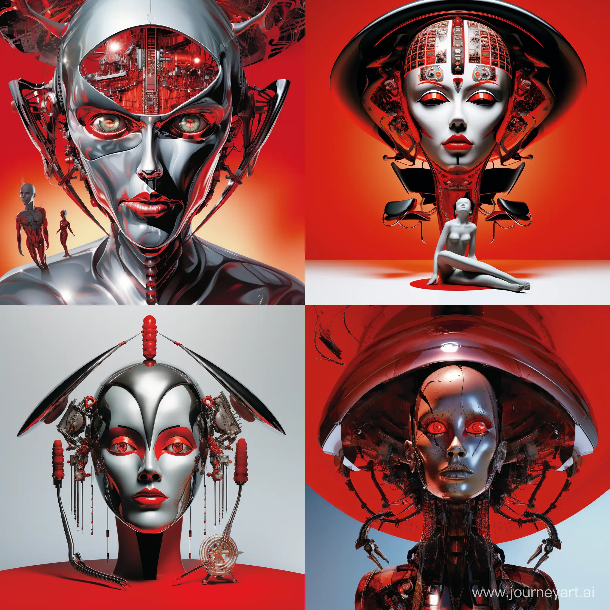 The image features a large, futuristic head with red eyes and metallic parts as part of its design. This head is the main focus of the scene, which also includes various other objects such as a chair, a clock, and an umbrella. Additionally, there are two people in the background, one on the left side and another on the right side of the image. The overall atmosphere appears to be futuristic and somewhat eerie.