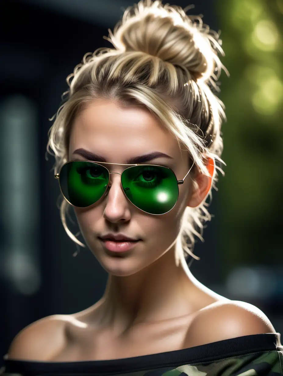 Beautiful Nordic woman, very attractive face, detailed eyes, big breasts, slim body, dark eye shadow, messy blonde hair in a top bun, aviator sunglasses with jet black lenses, wearing a green camo loose off the shoulder sweatshirt , close up, bokeh background, soft light on face, rim lighting, facing away from camera, looking back over her shoulder, photorealistic, very high detail, extra wide photo, full body photo, aerial photo