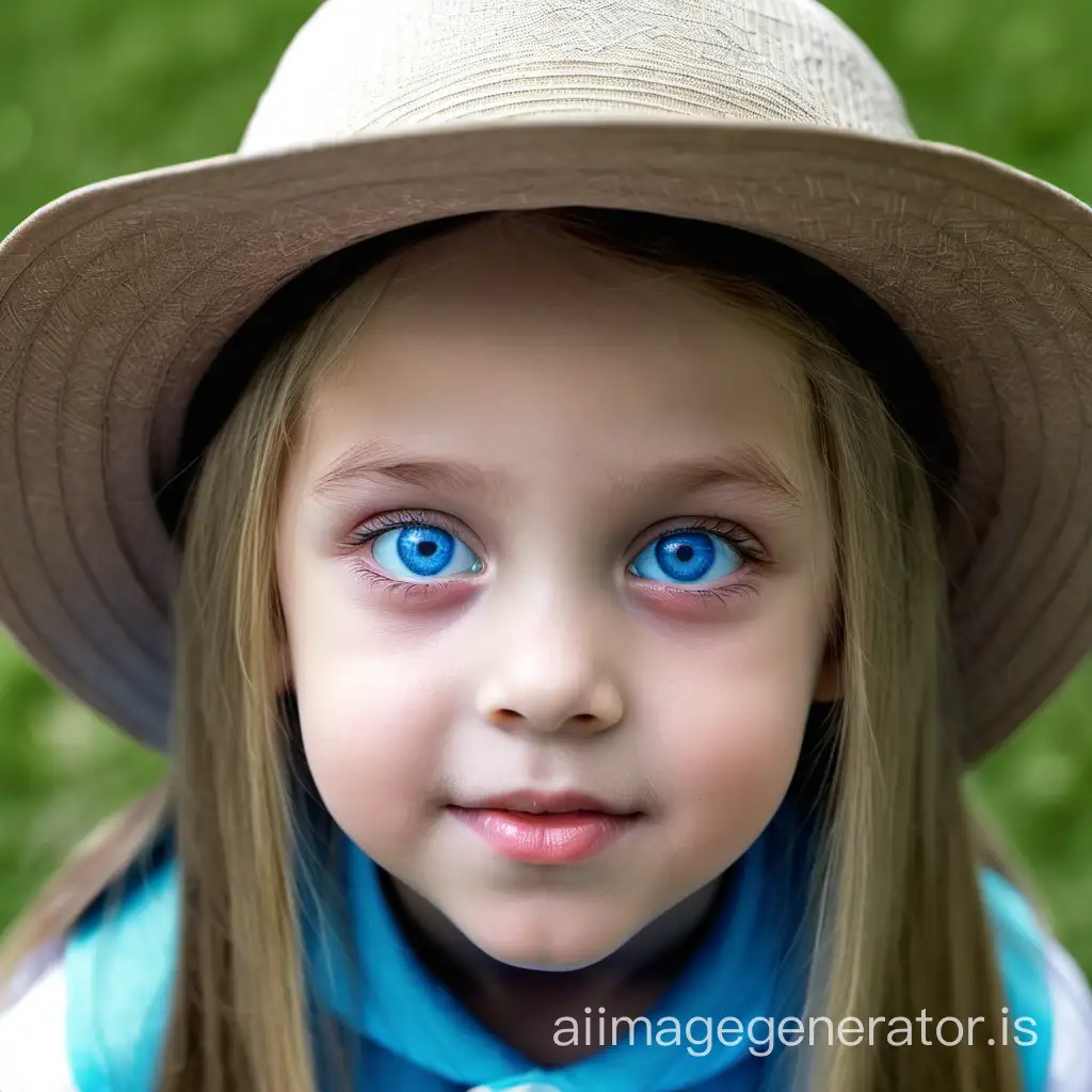 A SMALL AND BEAUTIFUL 7-YEAR-OLD GIRL WITH BLUE EYES AND STRAIGHT HAIR WEARING A HAT