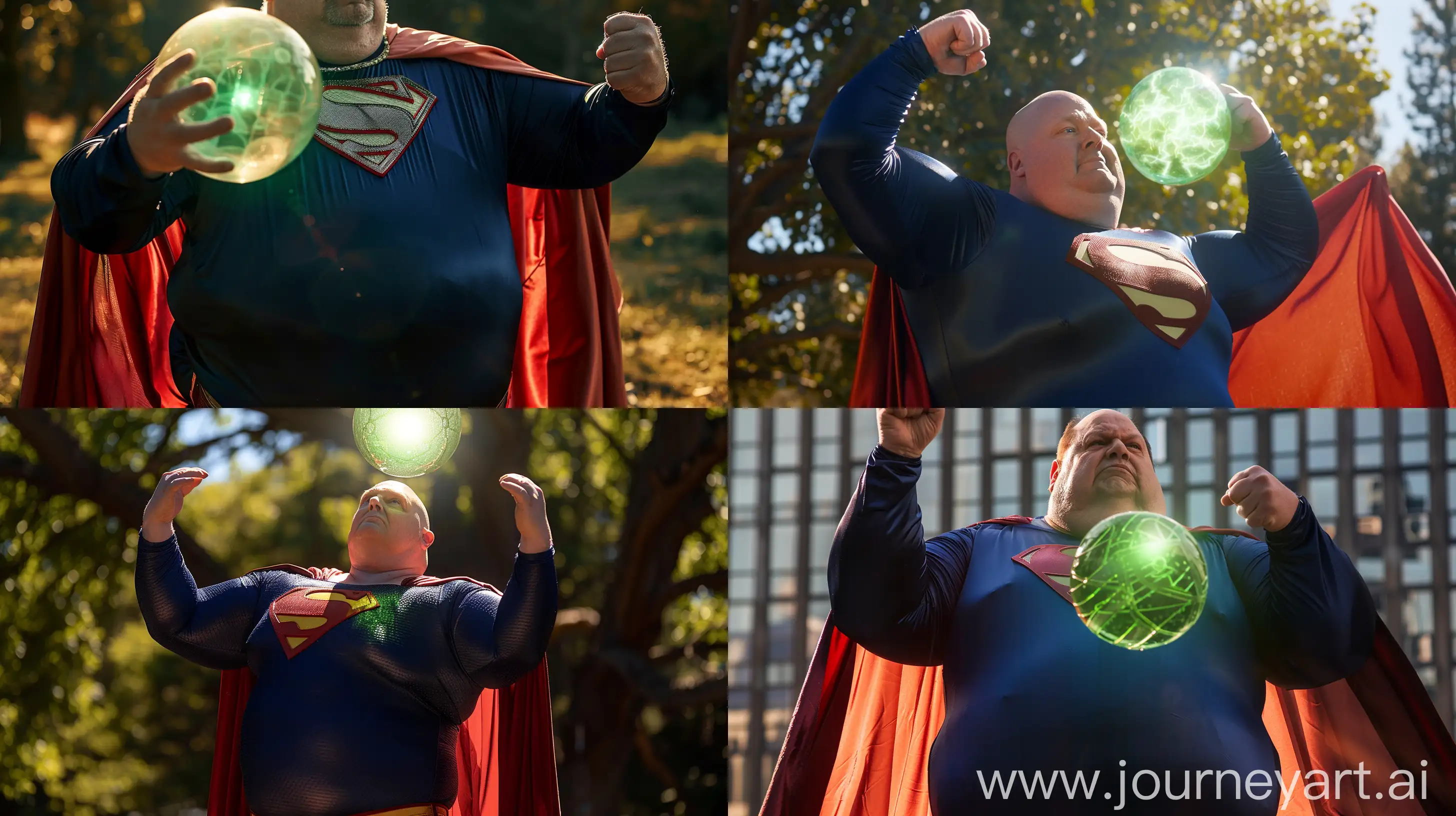 Front close-up photo of a fat man aged 60 wearing silk navy blue complete superman tight uniform with a large red cape. Lifting a green glowing ball off the ground. Outsied. Bald. Clean Shaven. Natural light. --ar 16:9