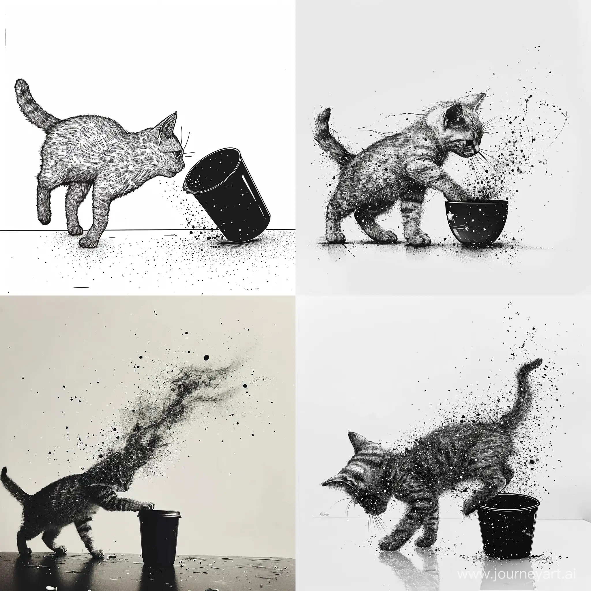 The cat walks along the table and pushes the cup with its front paw. the cup falls off the table. black cup. the picture is white. the cat has space coloring. picture in the style of a hand-drawn sketch by an artist