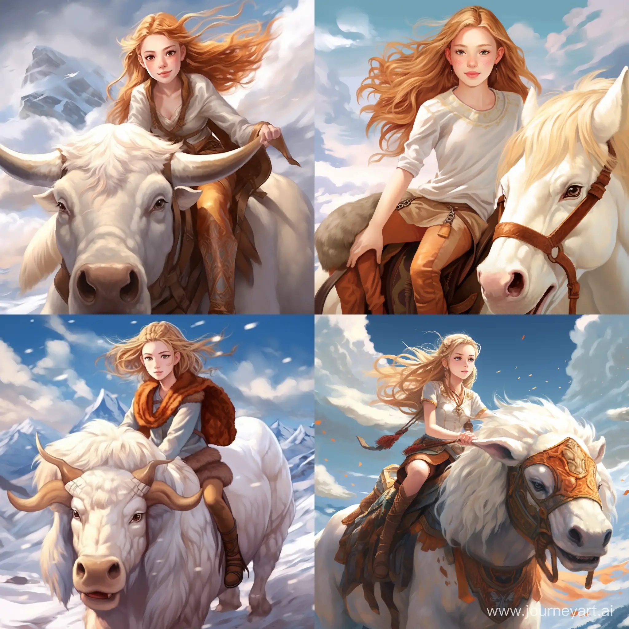 Beautiful girl, golden hair, gray-blue eyes, snow-white skin, teenager, 14 years old, in the style of avatar the legend of aang, full-length, riding a flying bison Appa, a bison the size of a house, in the sky, clouds, high quality, high detail, cartoon art